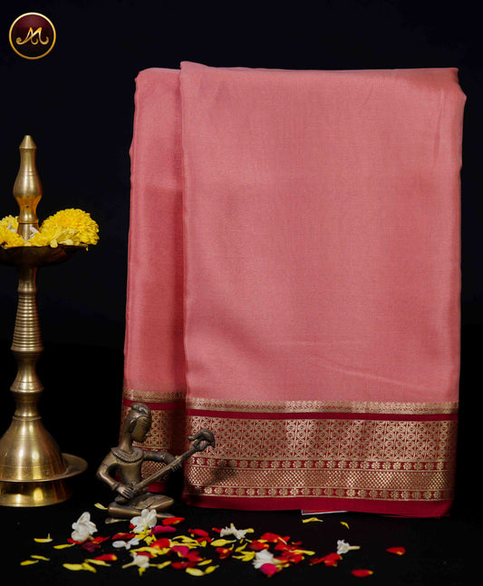 Mysore crepe silk saree with KSIC Finish in Peach and Maroon combination with gold zari border and chit pallu