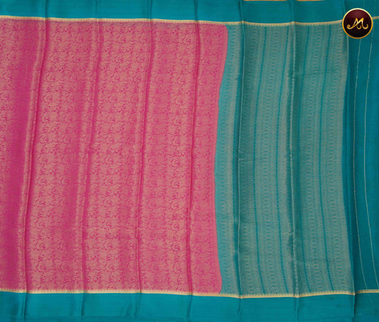 Mysore crepe silk saree with KSIC Finish in  Rosemary Pink and Ananda Blue combination with gold zari brocade satin border and rich pallu