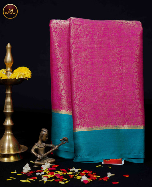Mysore crepe silk saree with KSIC Finish in  Rosemary Pink and Ananda Blue combination with gold zari brocade satin border and rich pallu