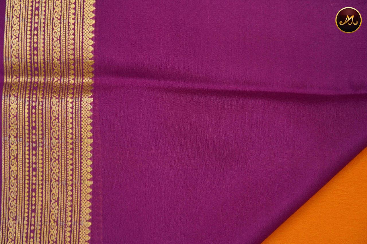 Mysore crepe silk saree with KSIC Finish in Mustard Yellow and Purple combination with gold zari border chit pallu