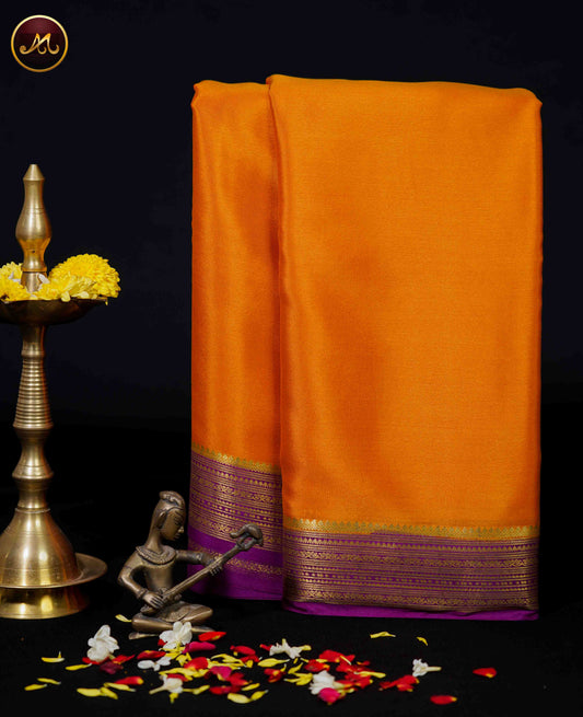 Mysore crepe silk saree with KSIC Finish in Mustard Yellow and Purple combination with gold zari border chit pallu