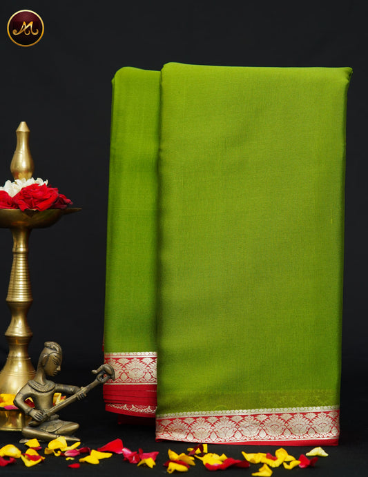Mysore Crepe Silk saree with KSIC finish in Mehendi Green and Red combination with Silver Zari Border and Chit  Pallu