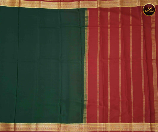 Mysore crepe silk saree with KSIC Finish in Bottle Green and Magenta Pink combination with gold zari border and chit pallu