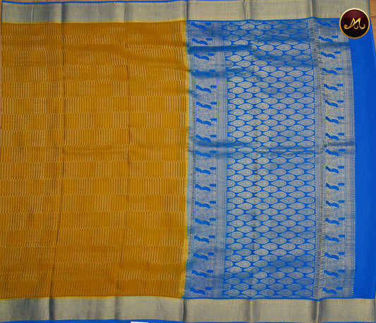 Mysore Crepe Silk saree with KSIC finish in Olive Green and Ananda Blue combination with Gold Zari Dots and Grand Pallu