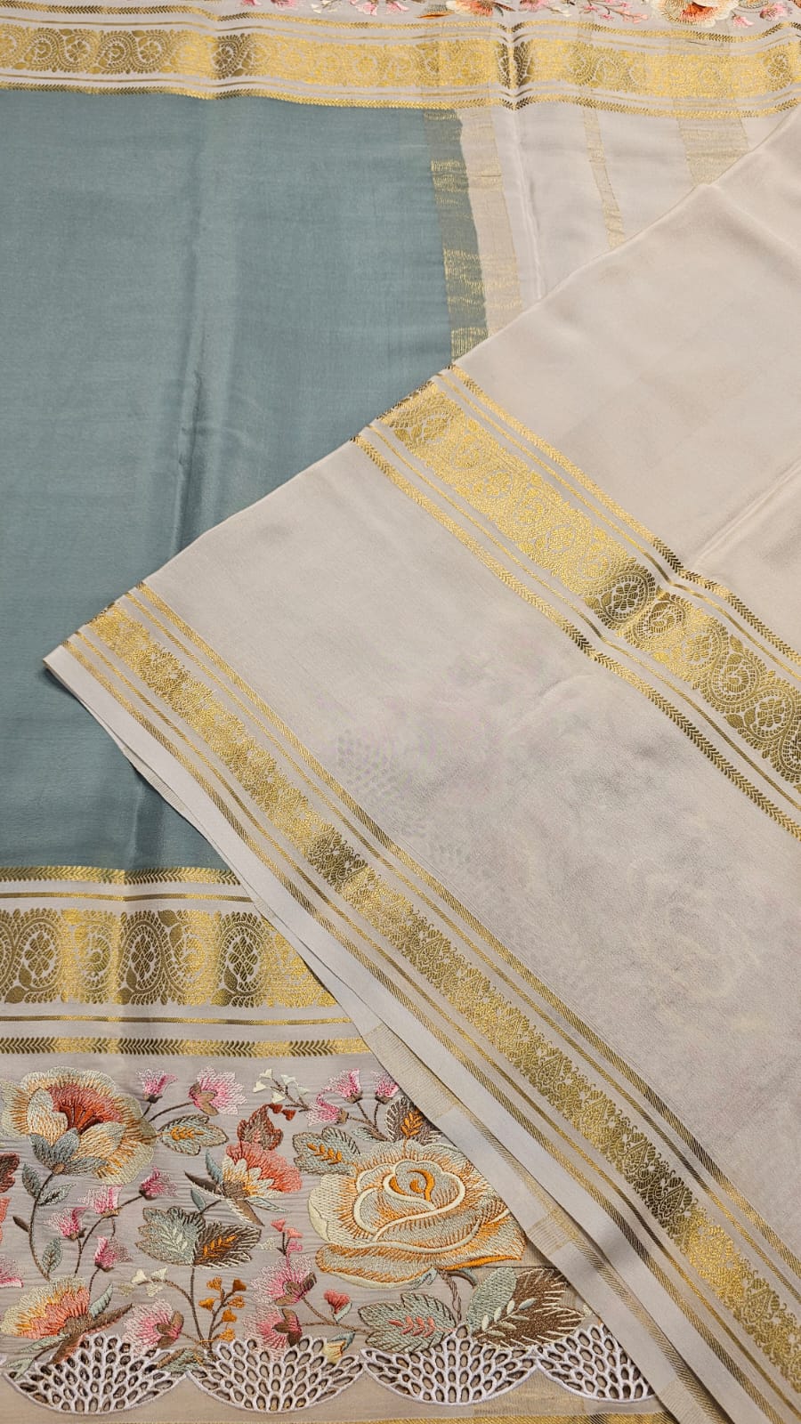 Mysore crepe silk saree with KSIC Finish in sage green with cream in3D cutwork with embroidery pattern