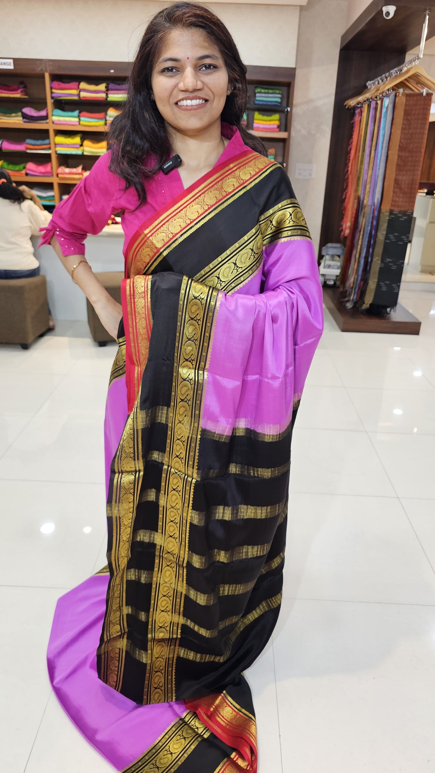 Mysore crepe silk saree with KSIC Finish in lavender pink with black in bentex border pattern