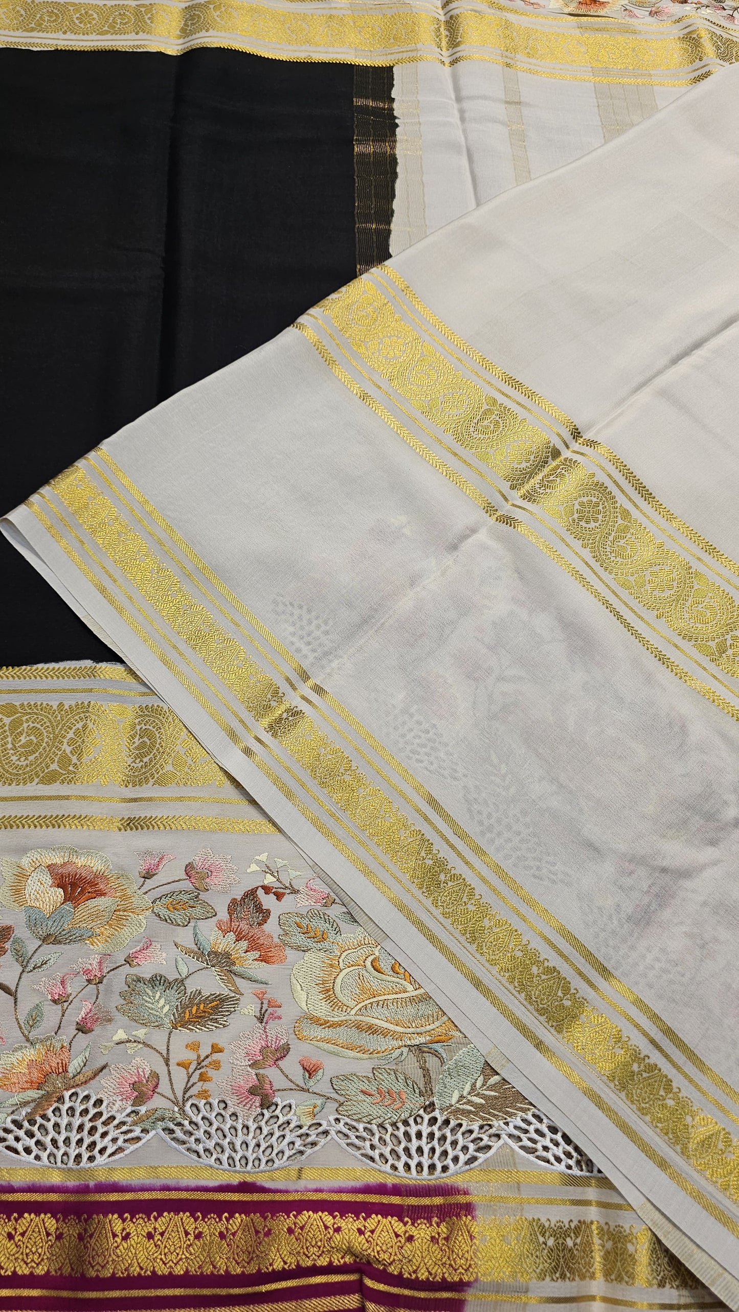 Mysore crepe silk saree with KSIC Finish in black with half white in 3D cutwork with embroidery pattern
