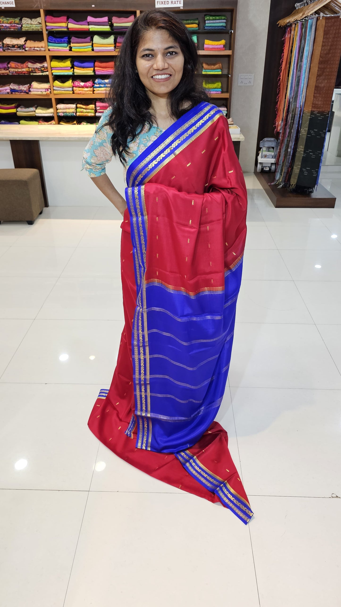 Mysore crepe silk saree with KSIC Finish in red with blue in small zari motifs pattern