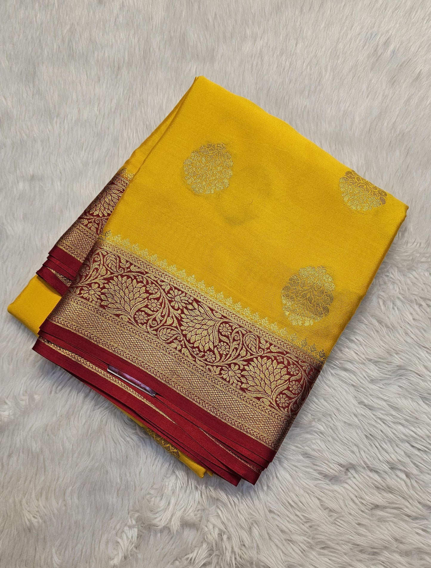 Mysore crepe silk saree with KSIC Finish in yellow with red, in allover buttas pattern