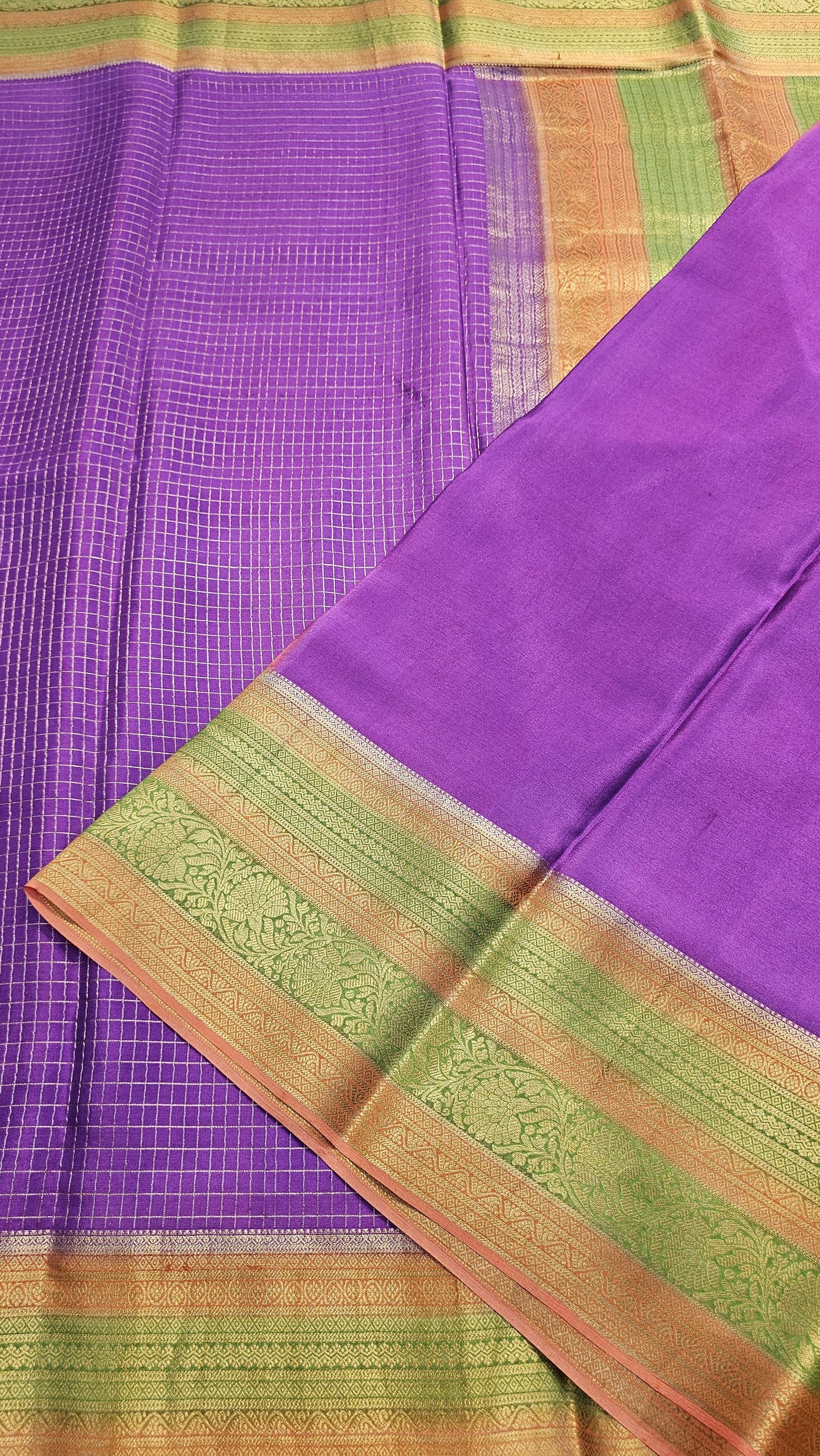 Mysore crepe silk saree with KSIC Finish in purple with peach checks pattern in kanchi border