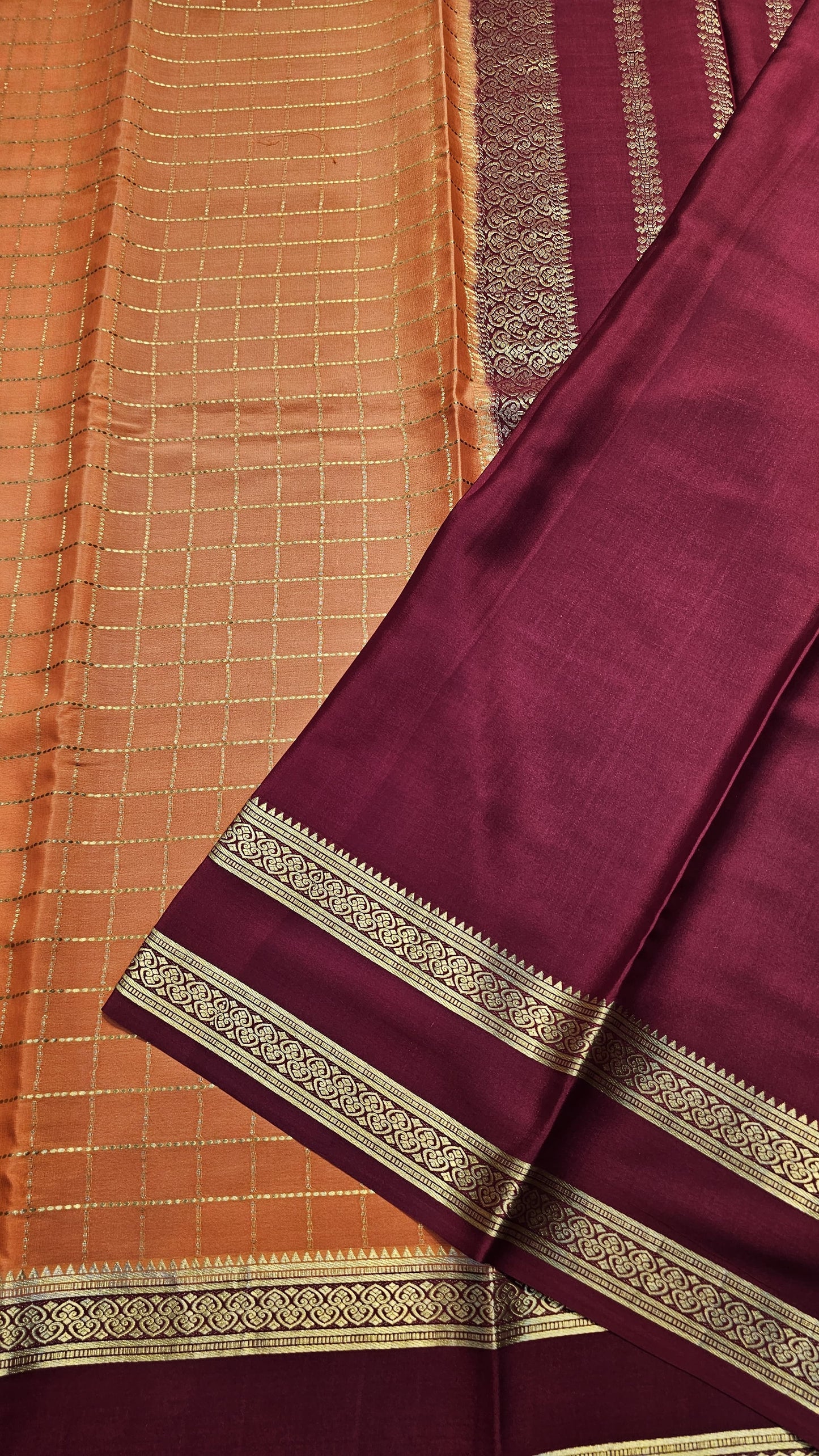 Mysore crepe silk saree with KSIC Finish in peach with maroon checks in bentex border