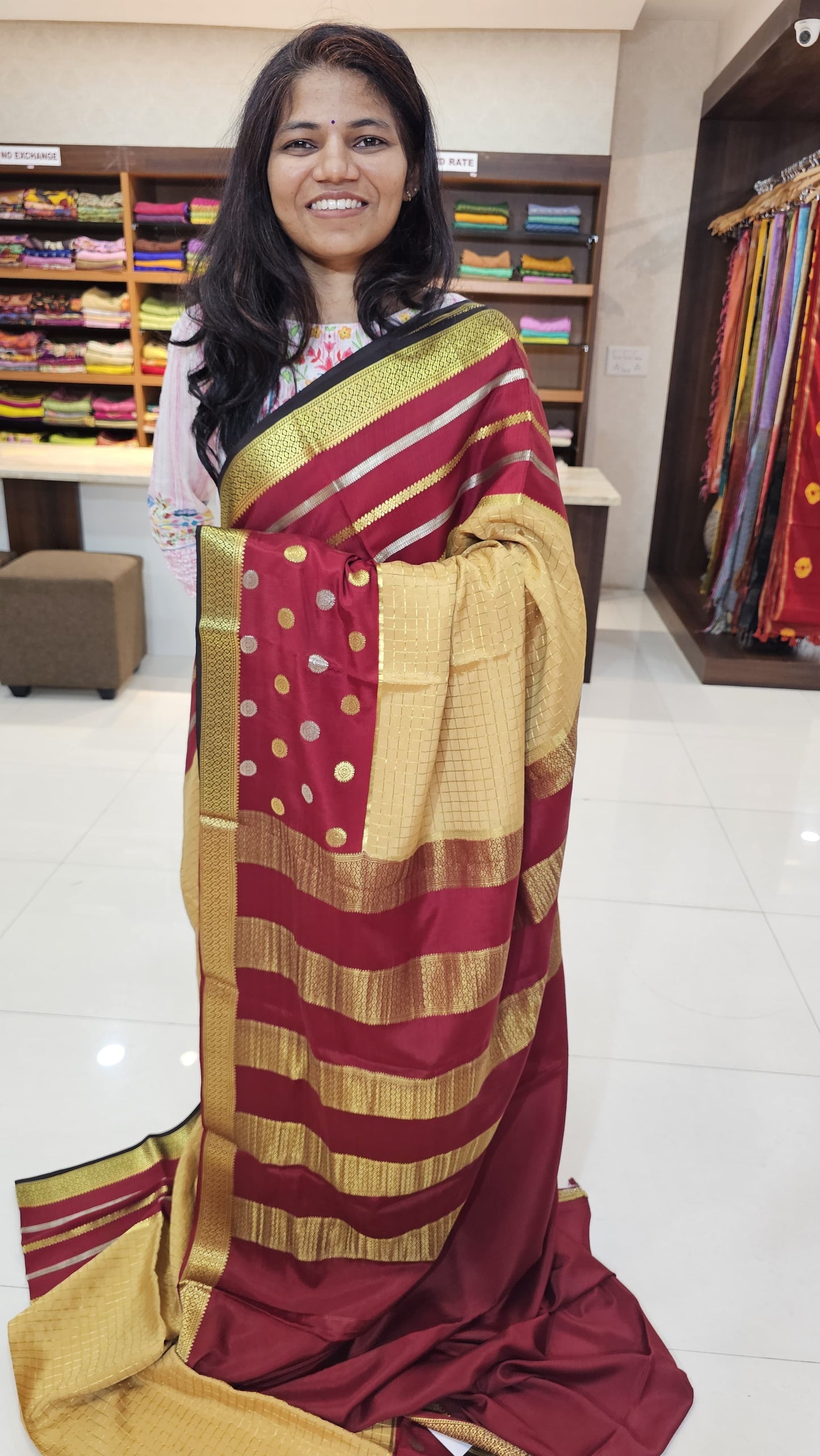 Mysore crepe silk saree with KSIC Finish in beige with brick red in 3D checks pattern