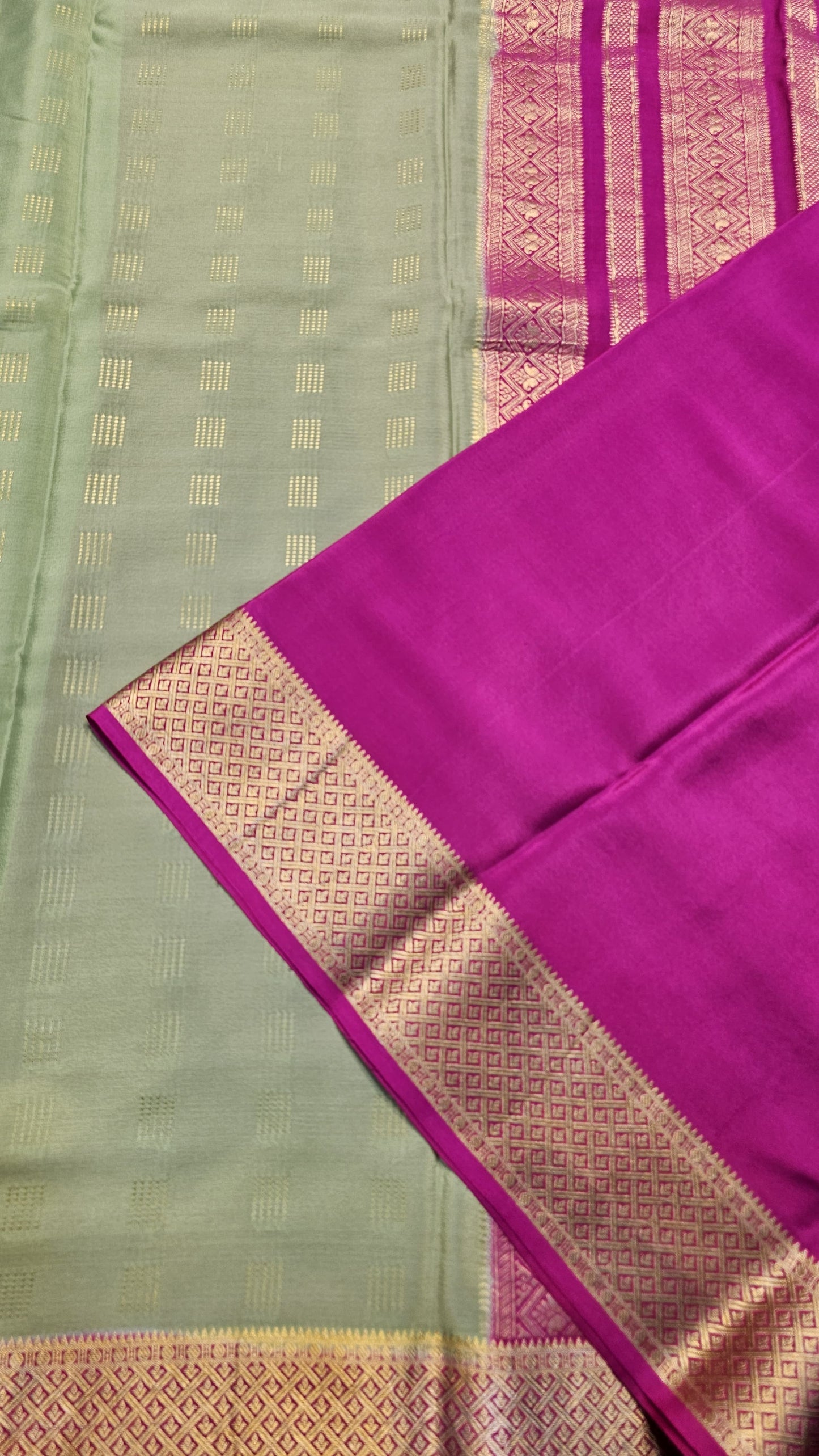 Mysore crepe silk saree with KSIC Finish in pista green with rani pink in checks pattern