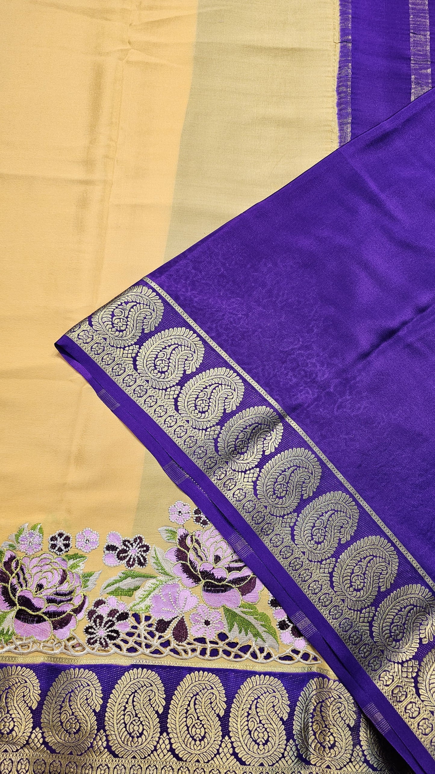 Mysore crepe silk saree with KSIC Finish in sandel with purple in one side cutwork with mango border