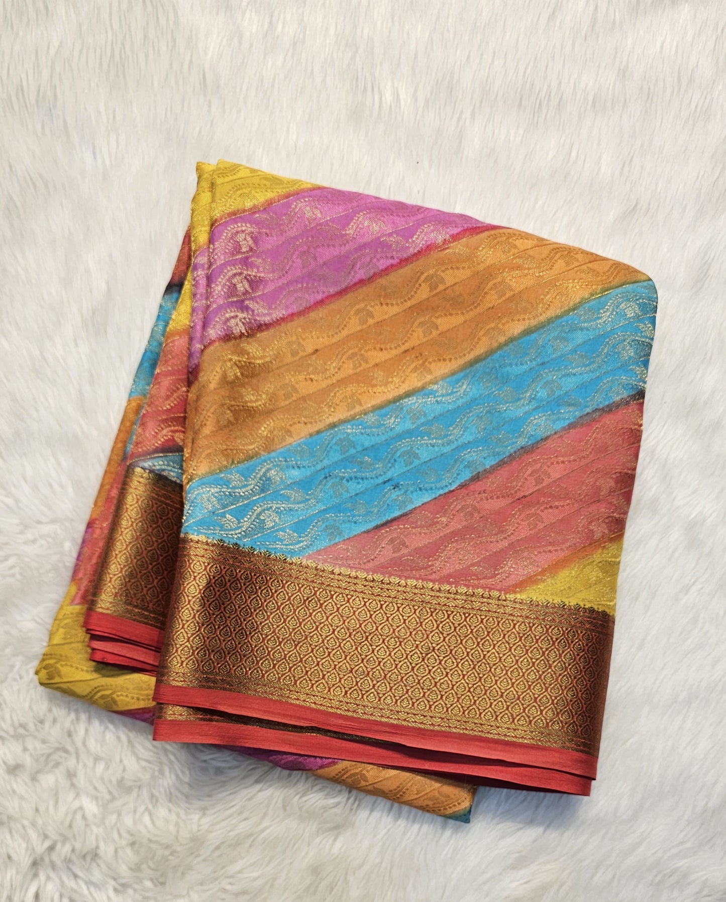 Mysore crepe silk saree with KSIC Finish in multi shades in brocade pattern