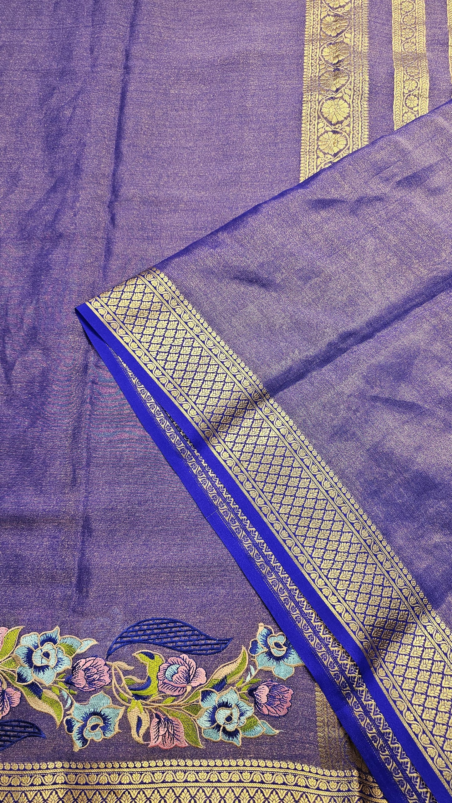 Mysore crepe silk saree with KSIC Finish in royal blue tissue in one side cutwork pattern