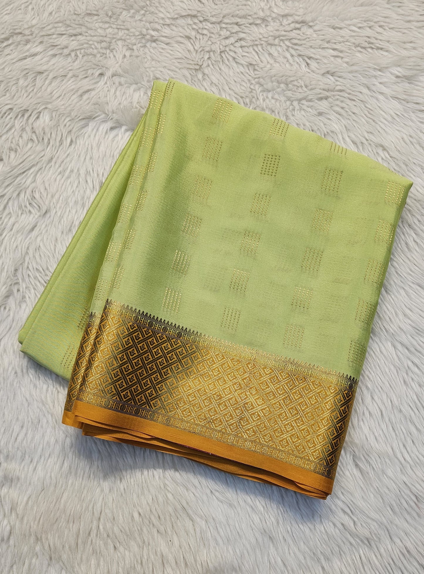 Mysore crepe silk saree with KSIC Finish indistemper green with mango yellow in checks pattern