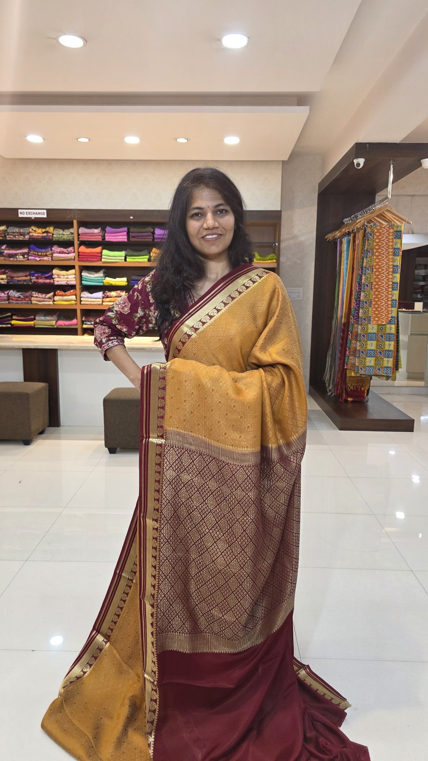 Mysore crepe silk saree with KSIC Finish in mustard with marron in brocade zari pattern