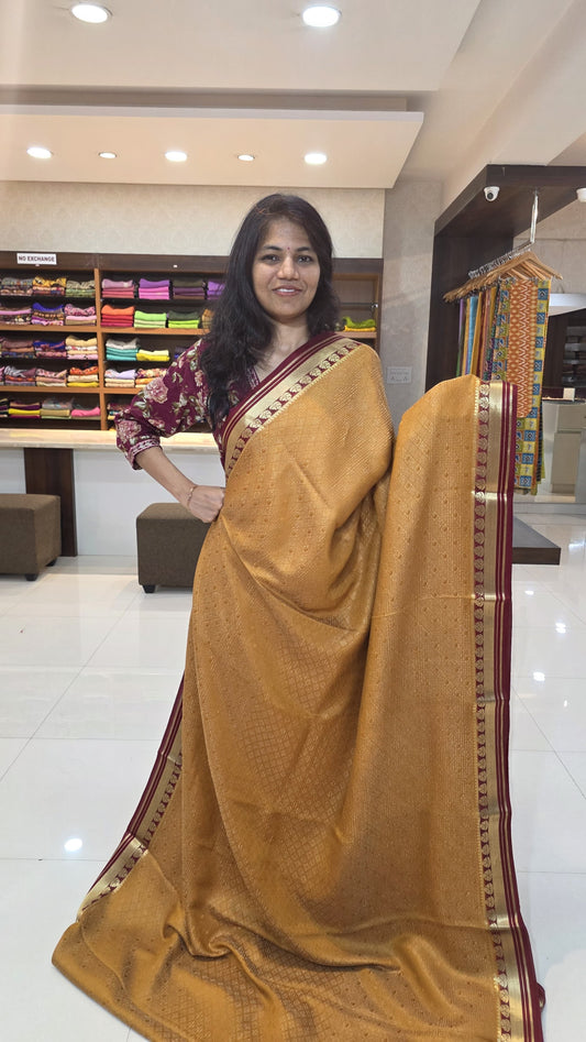 Mysore crepe silk saree with KSIC Finish in mustard with marron in brocade zari pattern