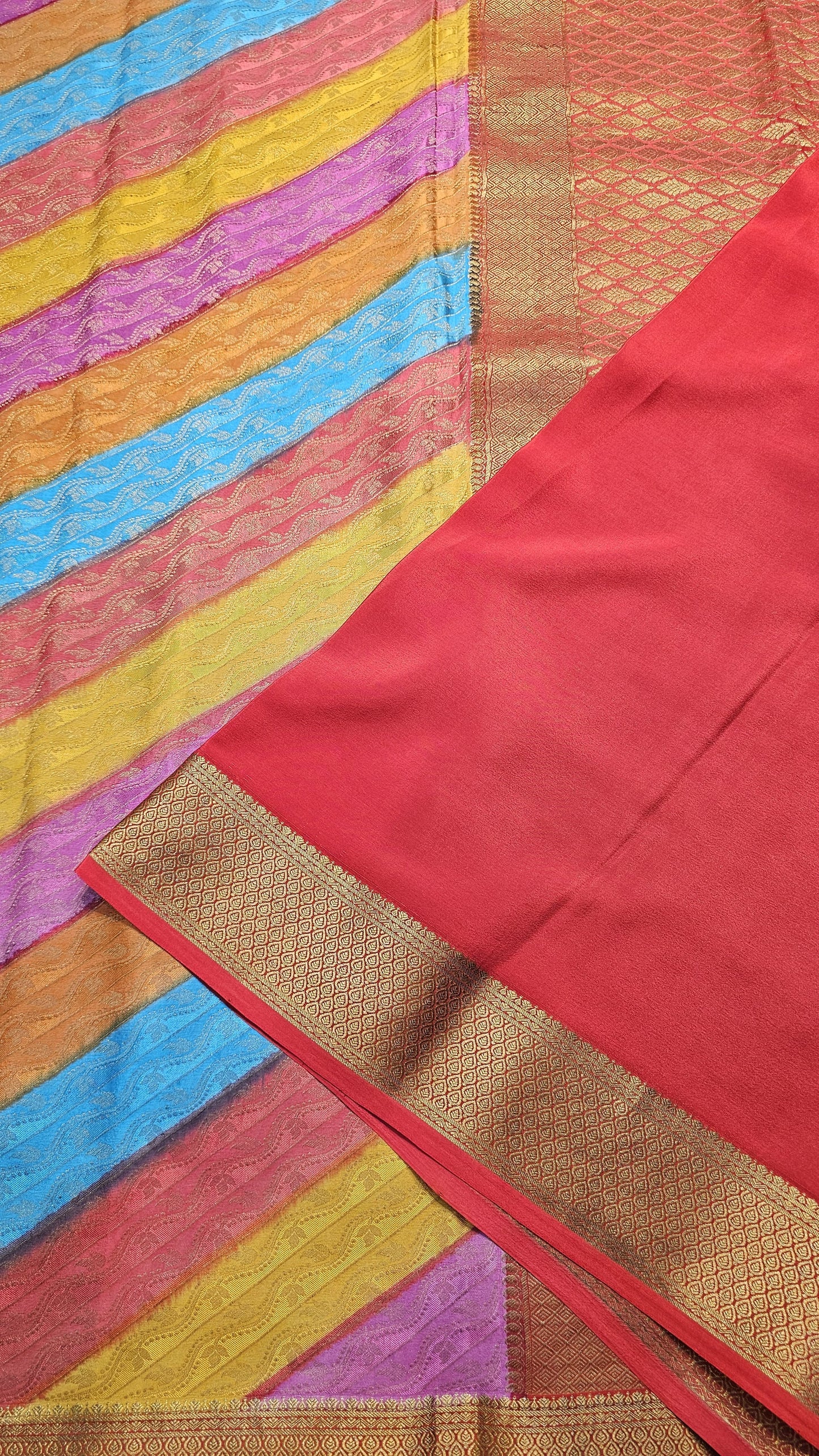Mysore crepe silk saree with KSIC Finish in multi shades in brocade pattern