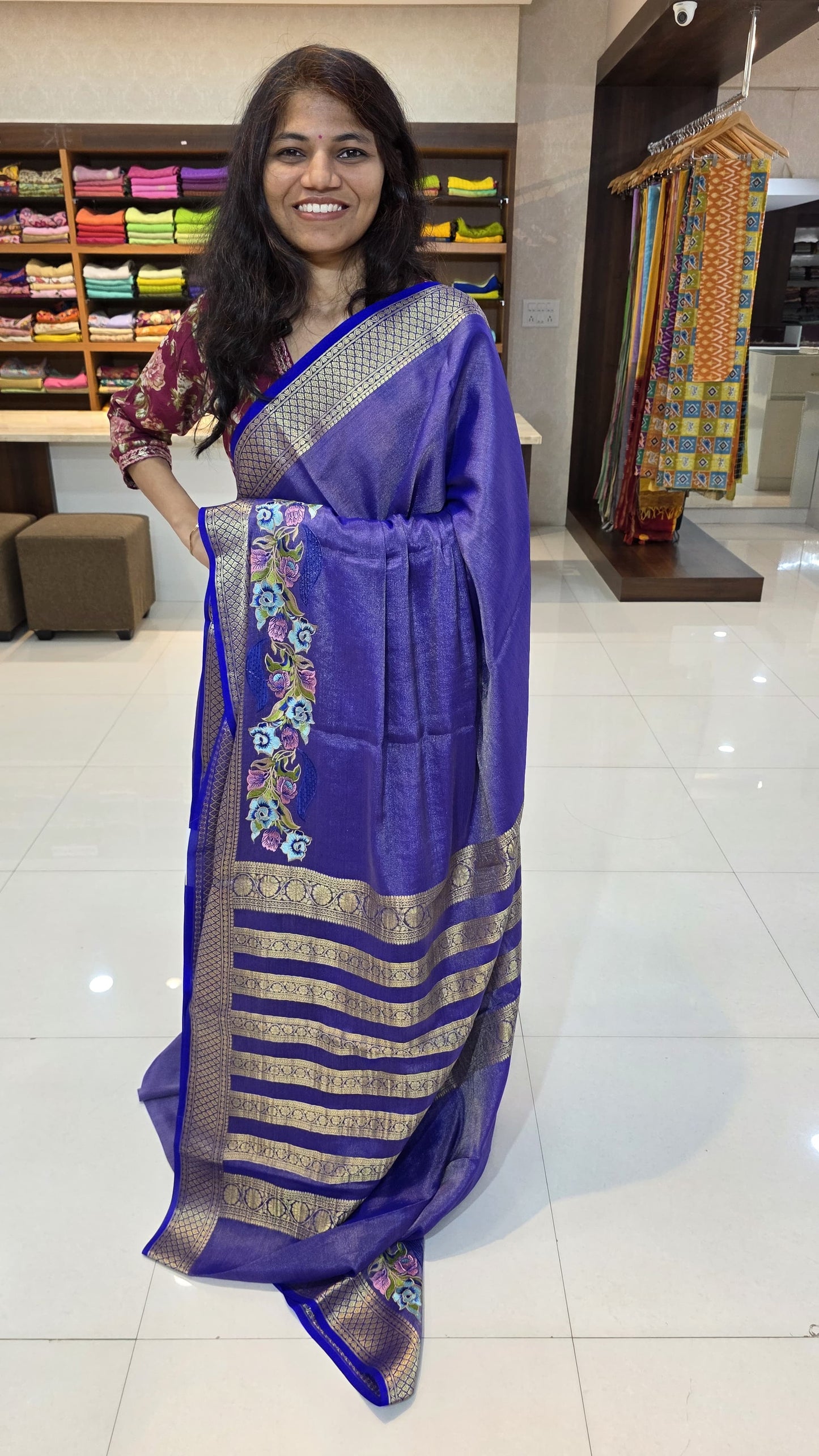 Mysore crepe silk saree with KSIC Finish in royal blue tissue in one side cutwork pattern