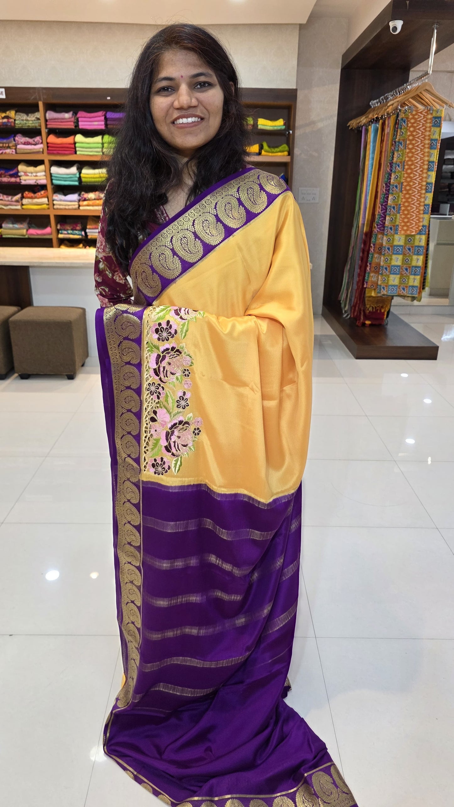 Mysore crepe silk saree with KSIC Finish in sandel with purple in one side cutwork with mango border