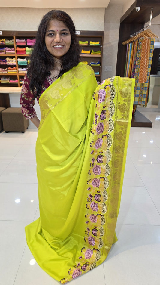 Mysore crepe silk saree with KSIC Finish in lemon green self in one side cutwork pattern
