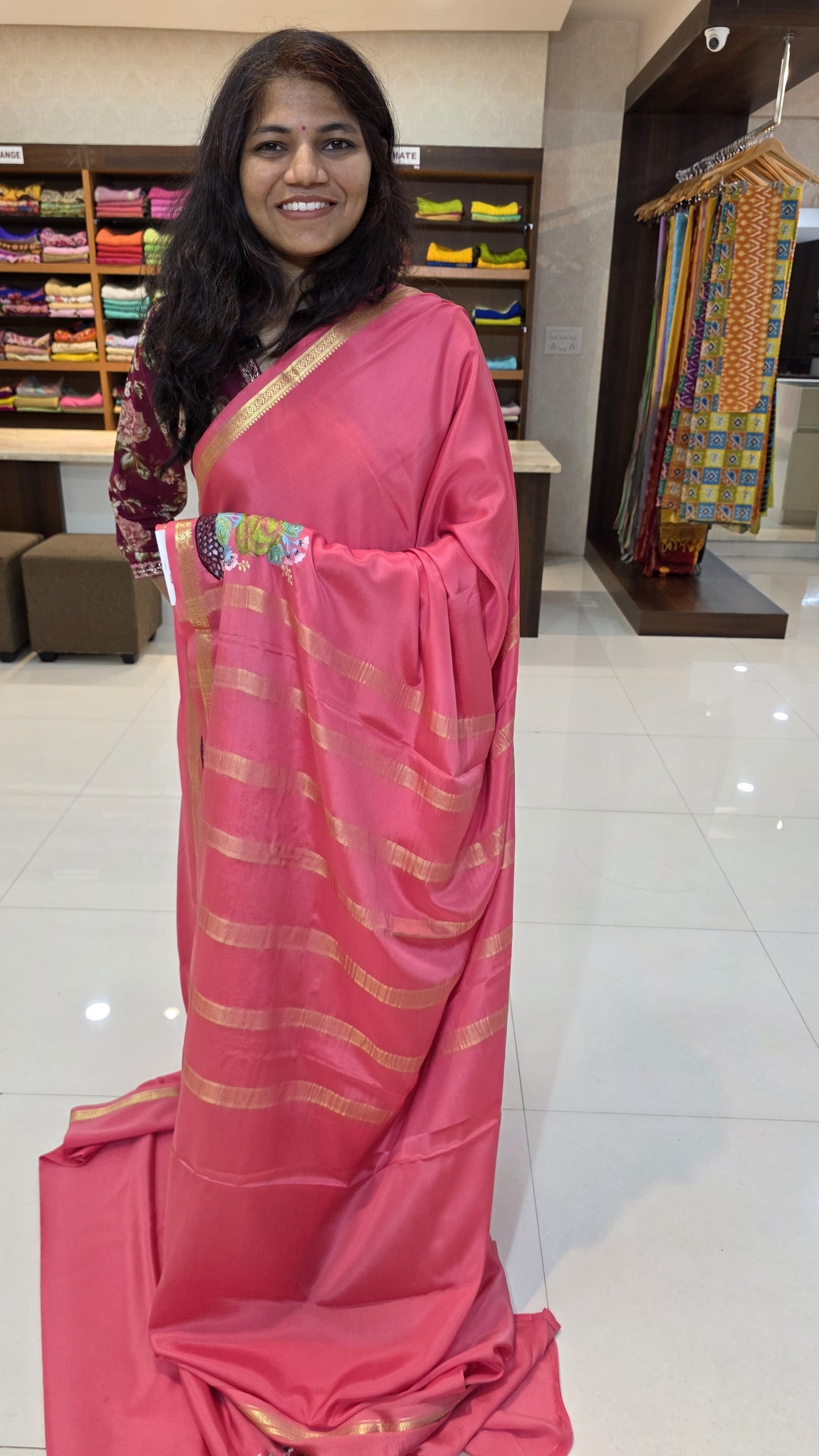 Mysore crepe silk saree with KSIC Finish in pink self in one side cutwork pattern