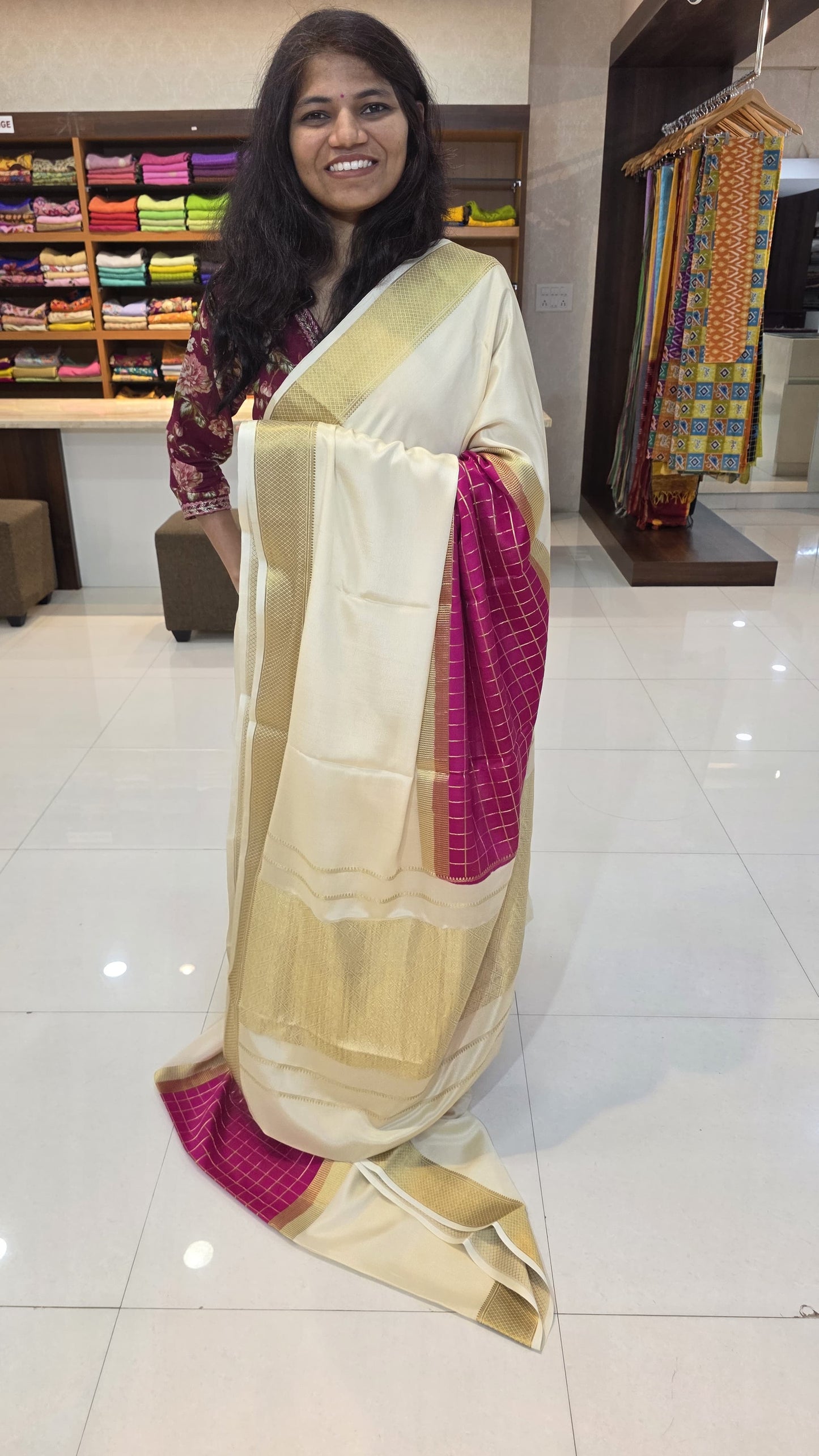 Mysore crepe silk saree with KSIC Finish in rani pink with cream in middle checks pattern