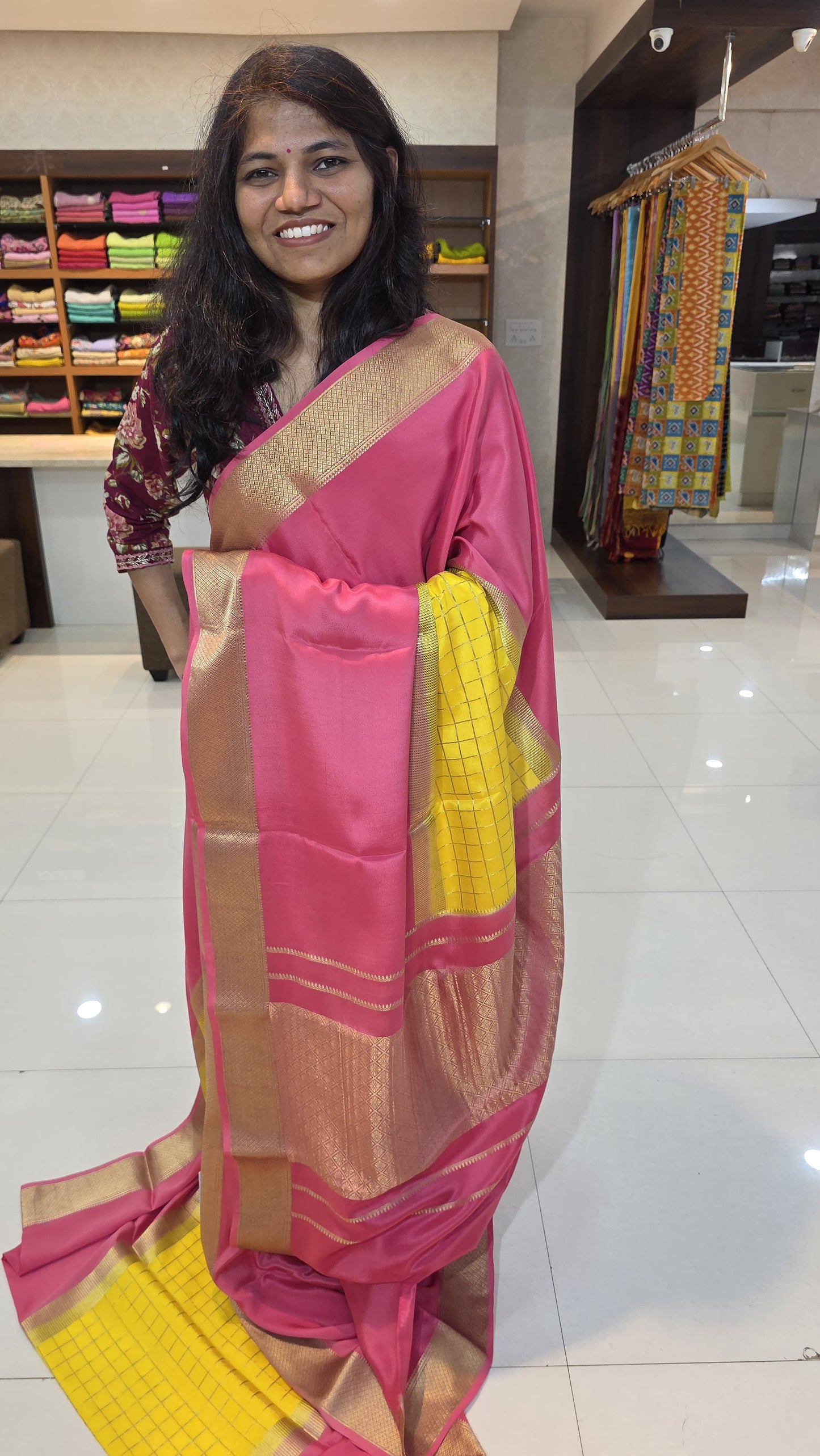 Mysore crepe silk saree with KSIC Finish in light pink with yellow in middle checks pattern