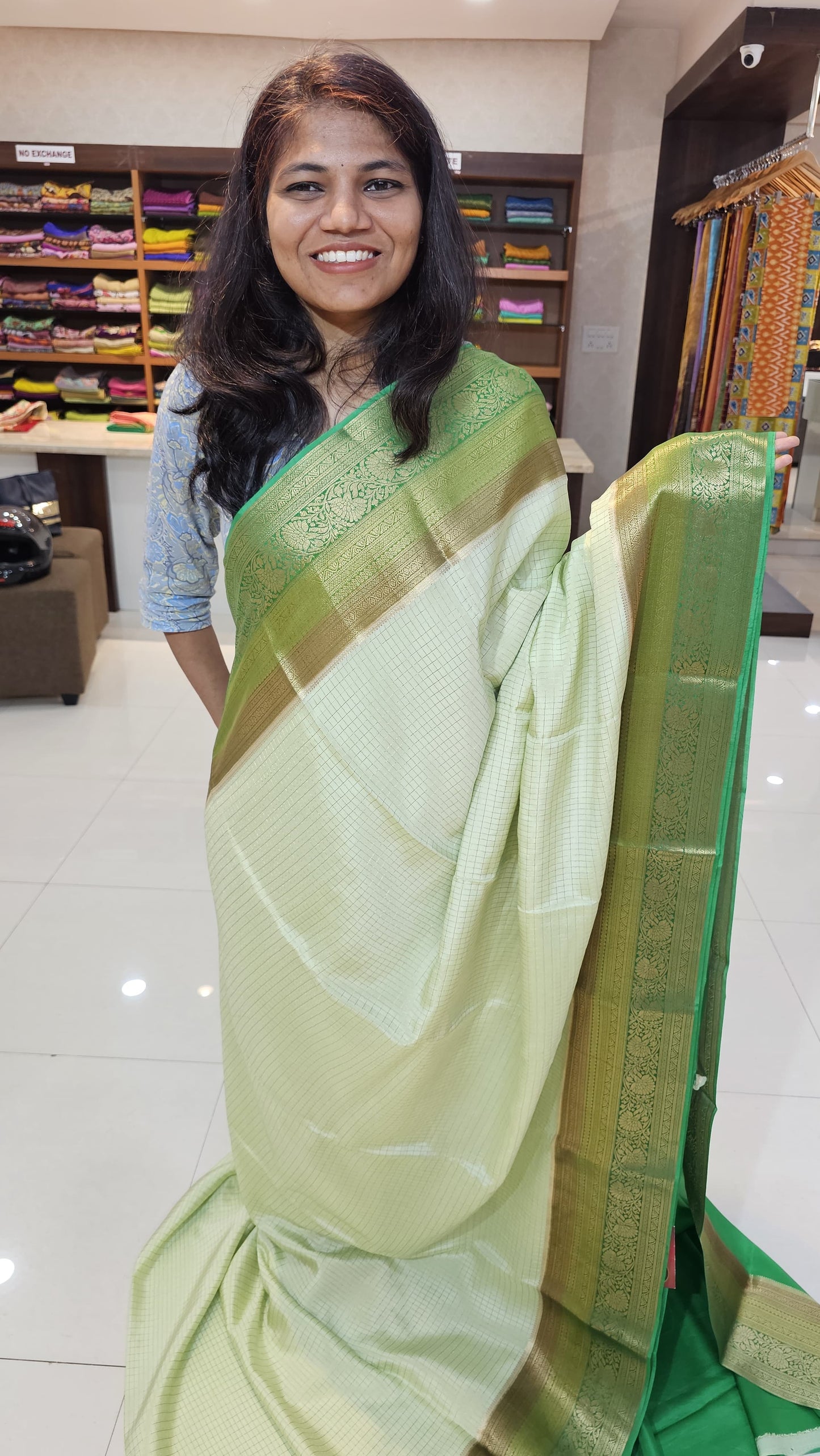 Mysore crepe silk saree with KSIC Finish in pista with leaf green checks pattern in kanchi border