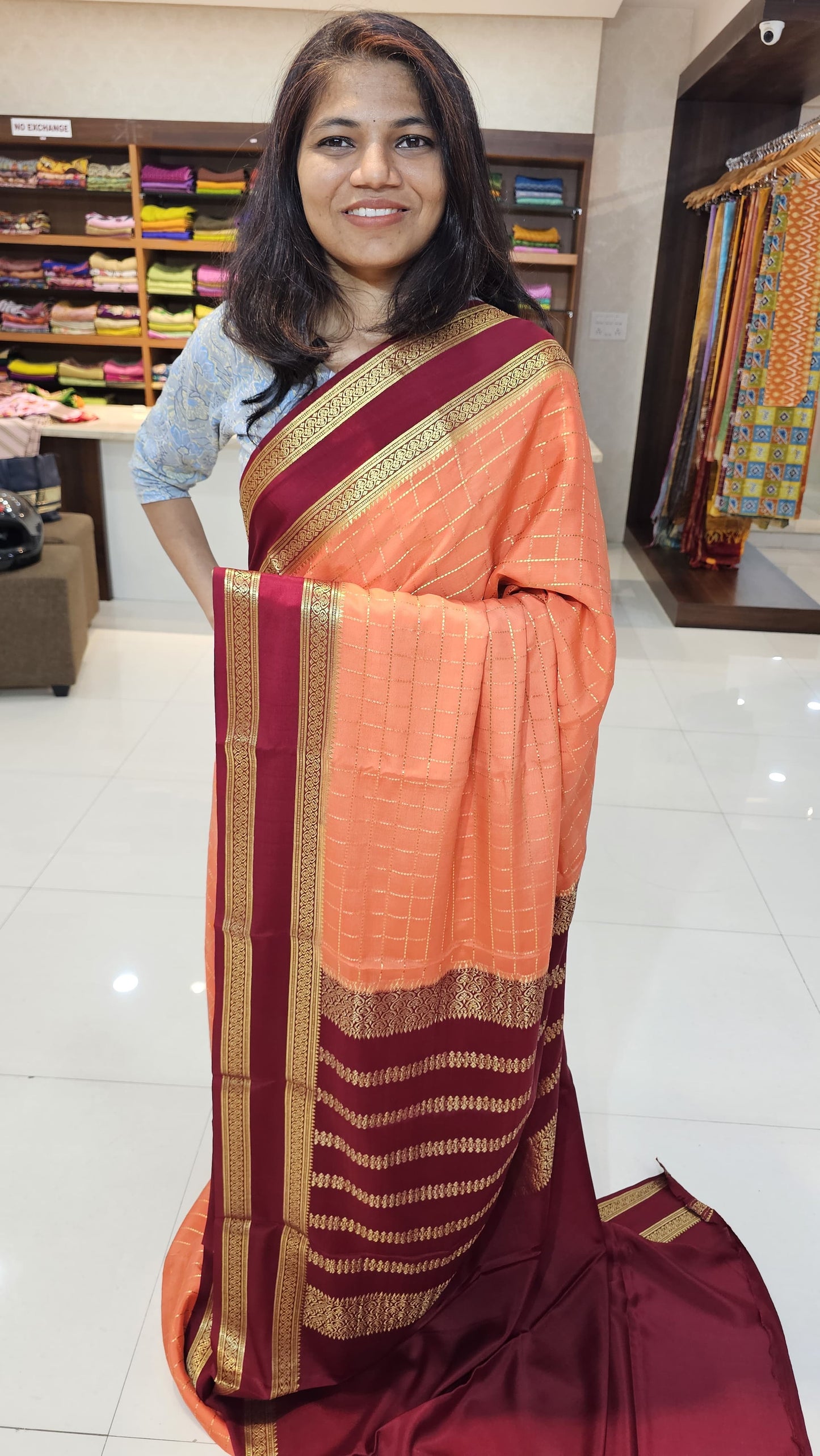 Mysore crepe silk saree with KSIC Finish in peach with maroon checks in bentex border