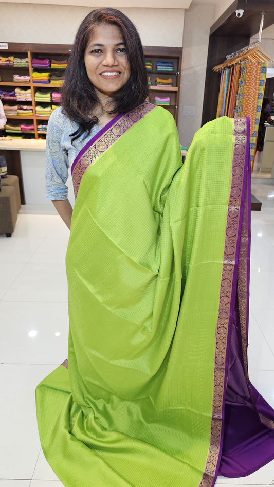 Mysore crepe silk saree with KSIC Finish in parrot green with purple,pattern
