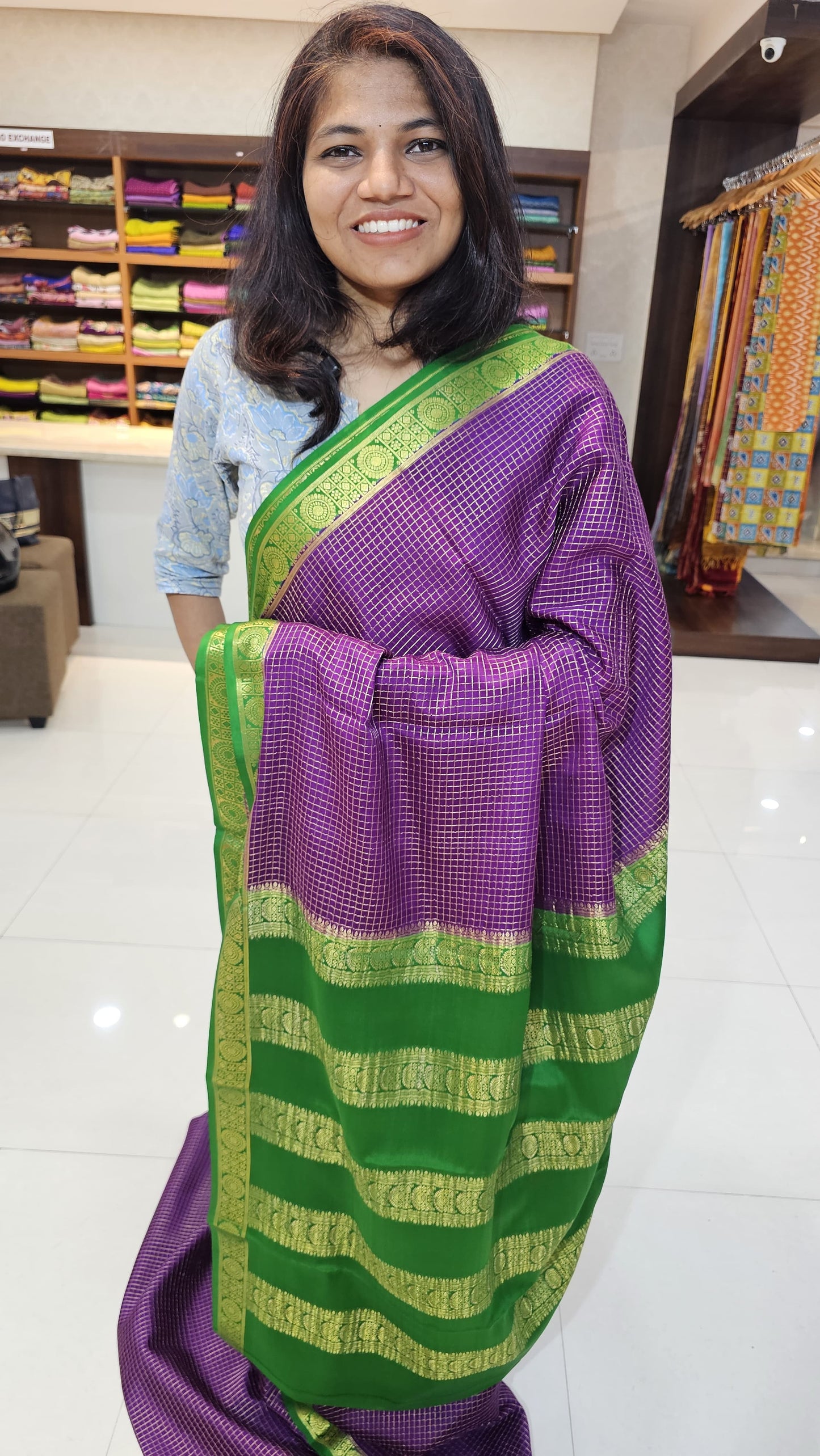 Mysore crepe silk saree with KSIC Finish in purple with green in checks pattern