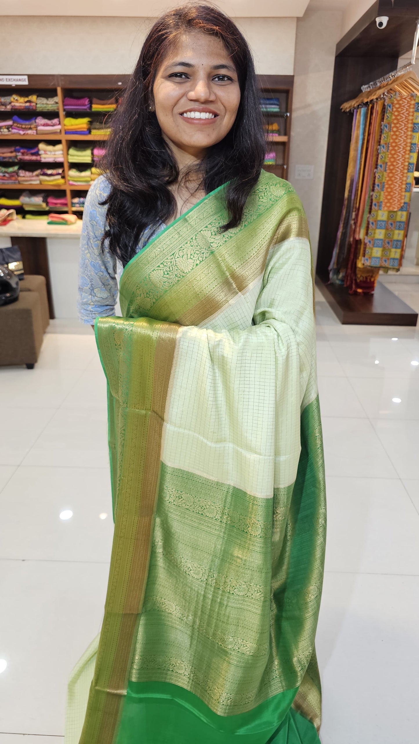 Mysore crepe silk saree with KSIC Finish in pista with leaf green checks pattern in kanchi border