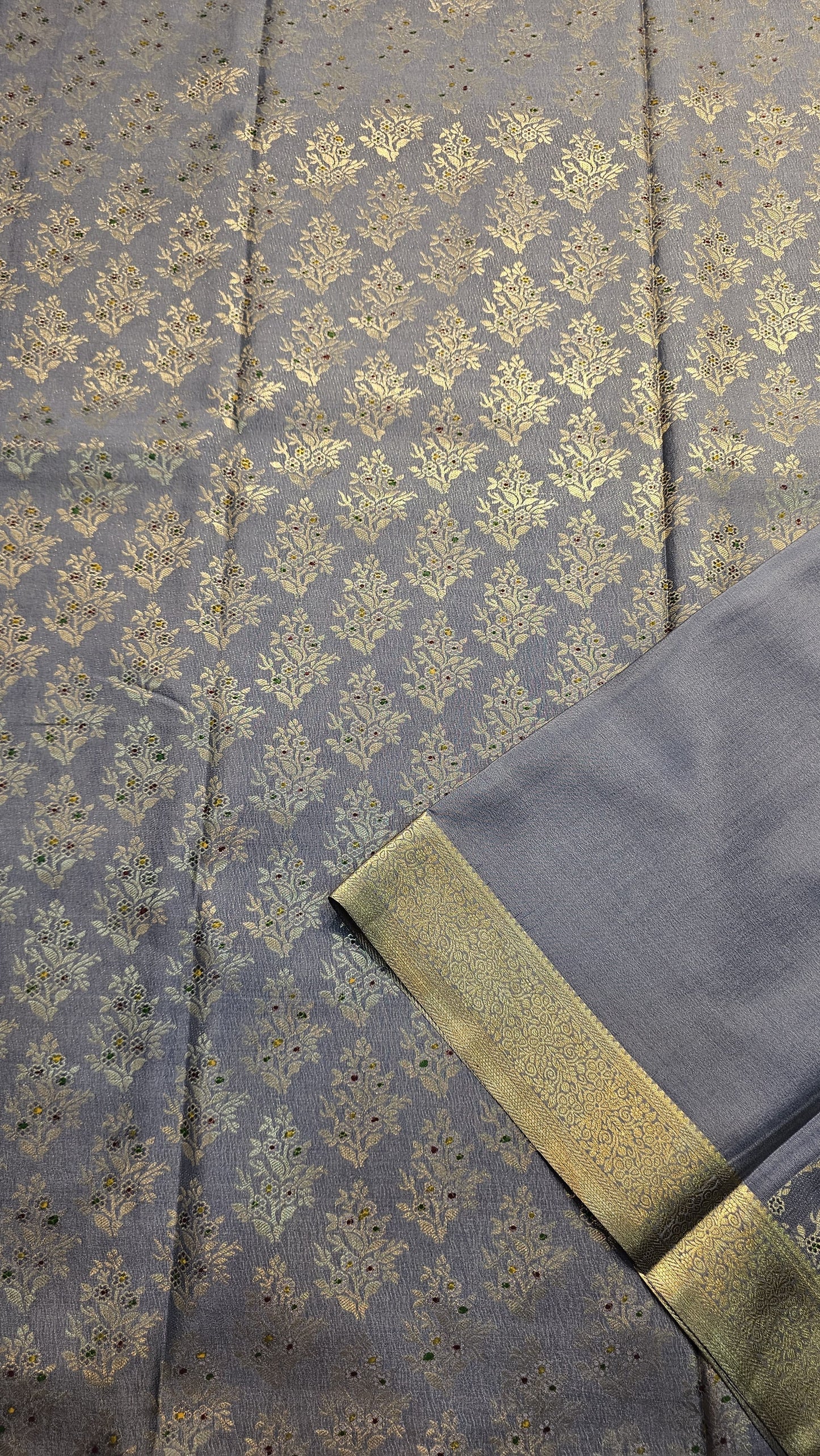 Mysore crepe silk saree with KSIC Finish in elephant grey in allover zari buttas pattern