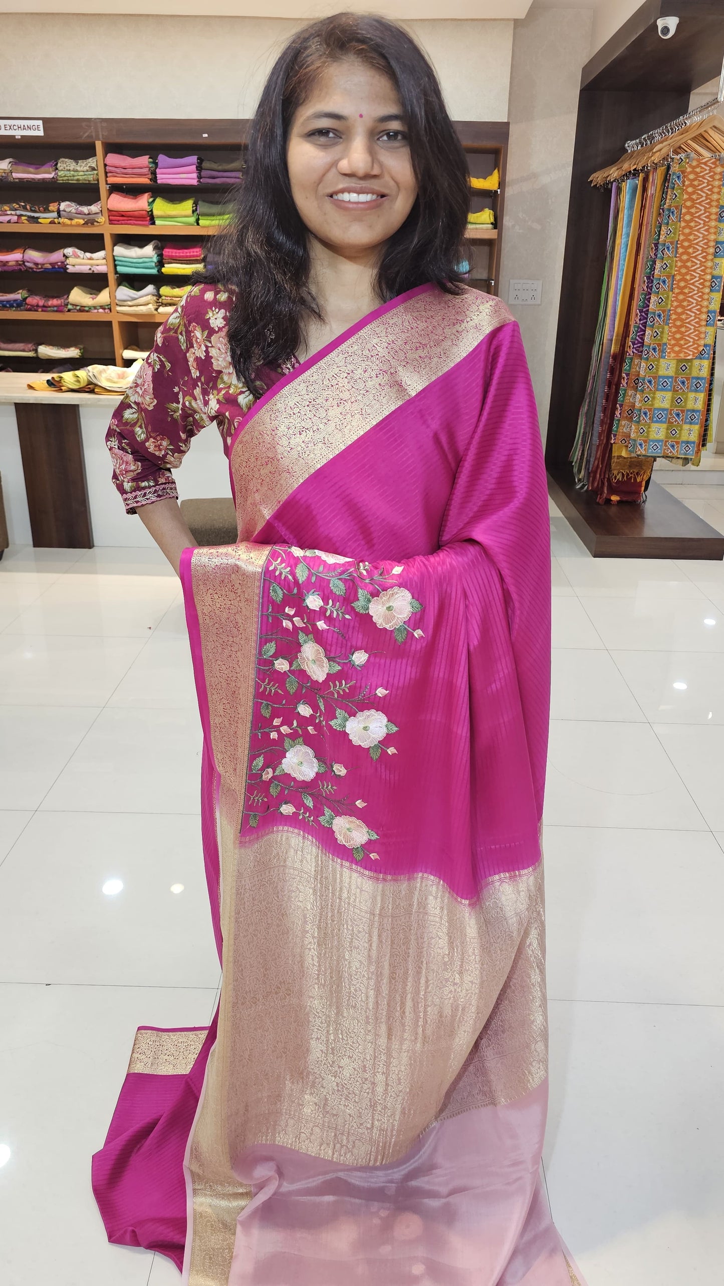 Mysore crepe silk saree with KSIC Finish in rani pink with light baby pink in embroidery pattern