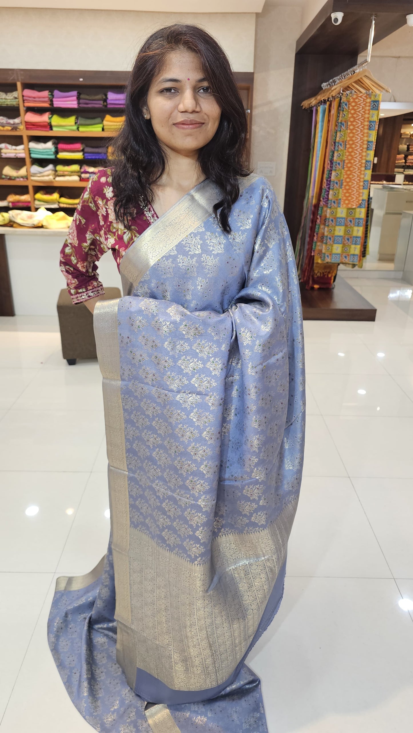 Mysore crepe silk saree with KSIC Finish in elephant grey in allover zari buttas pattern