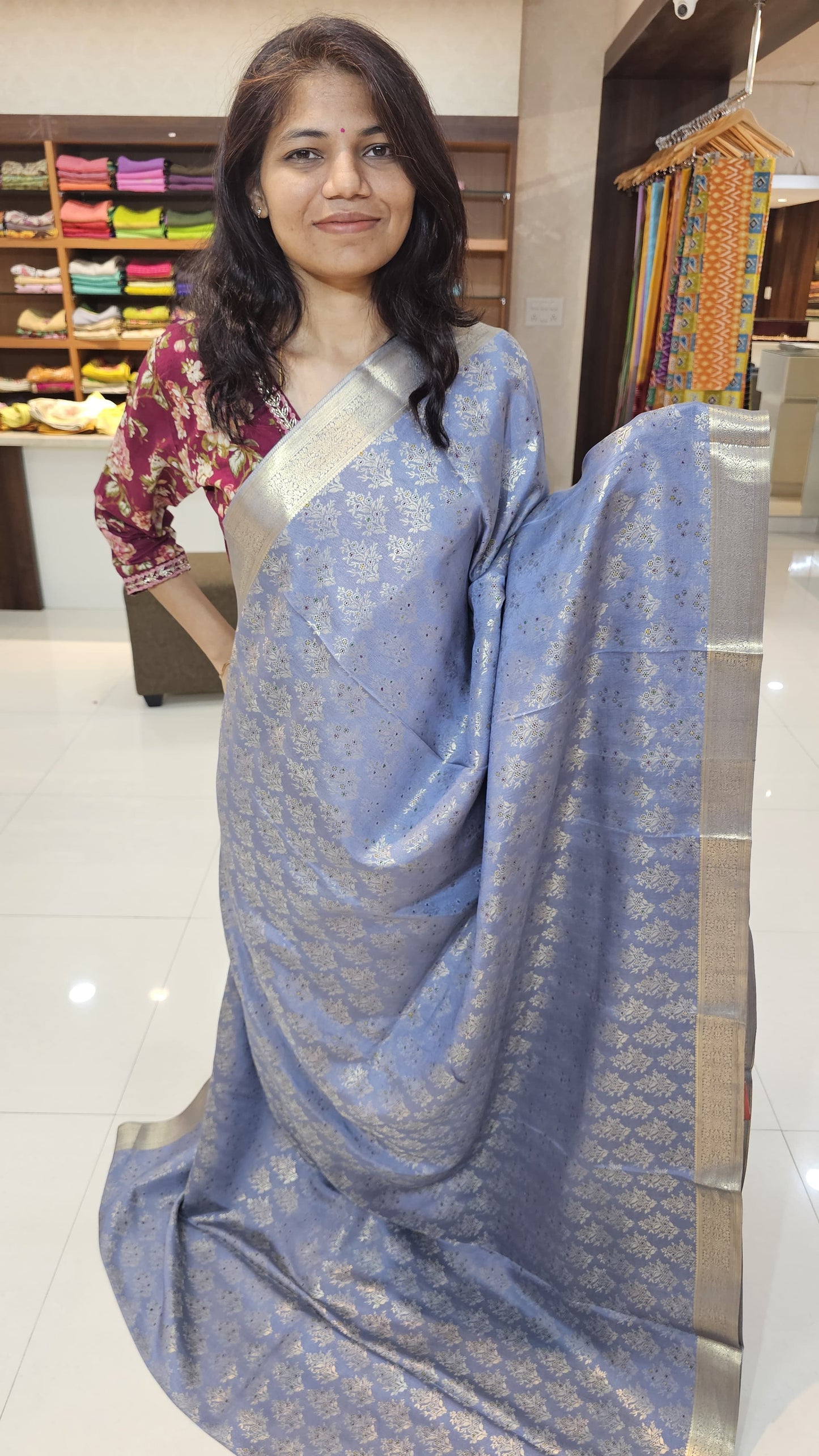 Mysore crepe silk saree with KSIC Finish in elephant grey in allover zari buttas pattern
