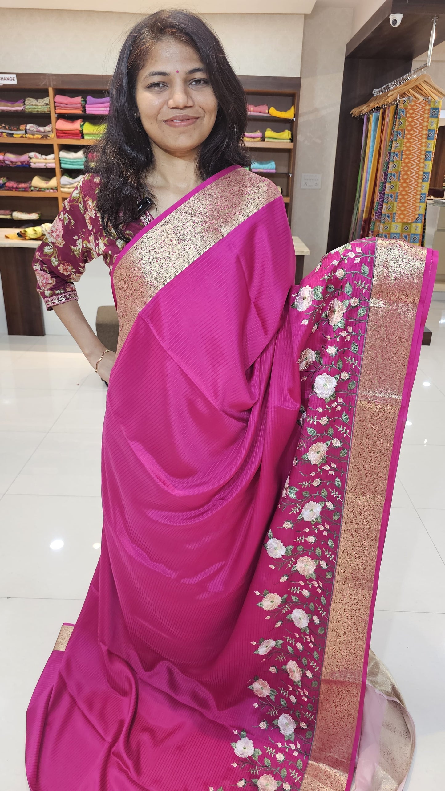 Mysore crepe silk saree with KSIC Finish in rani pink with light baby pink in embroidery pattern