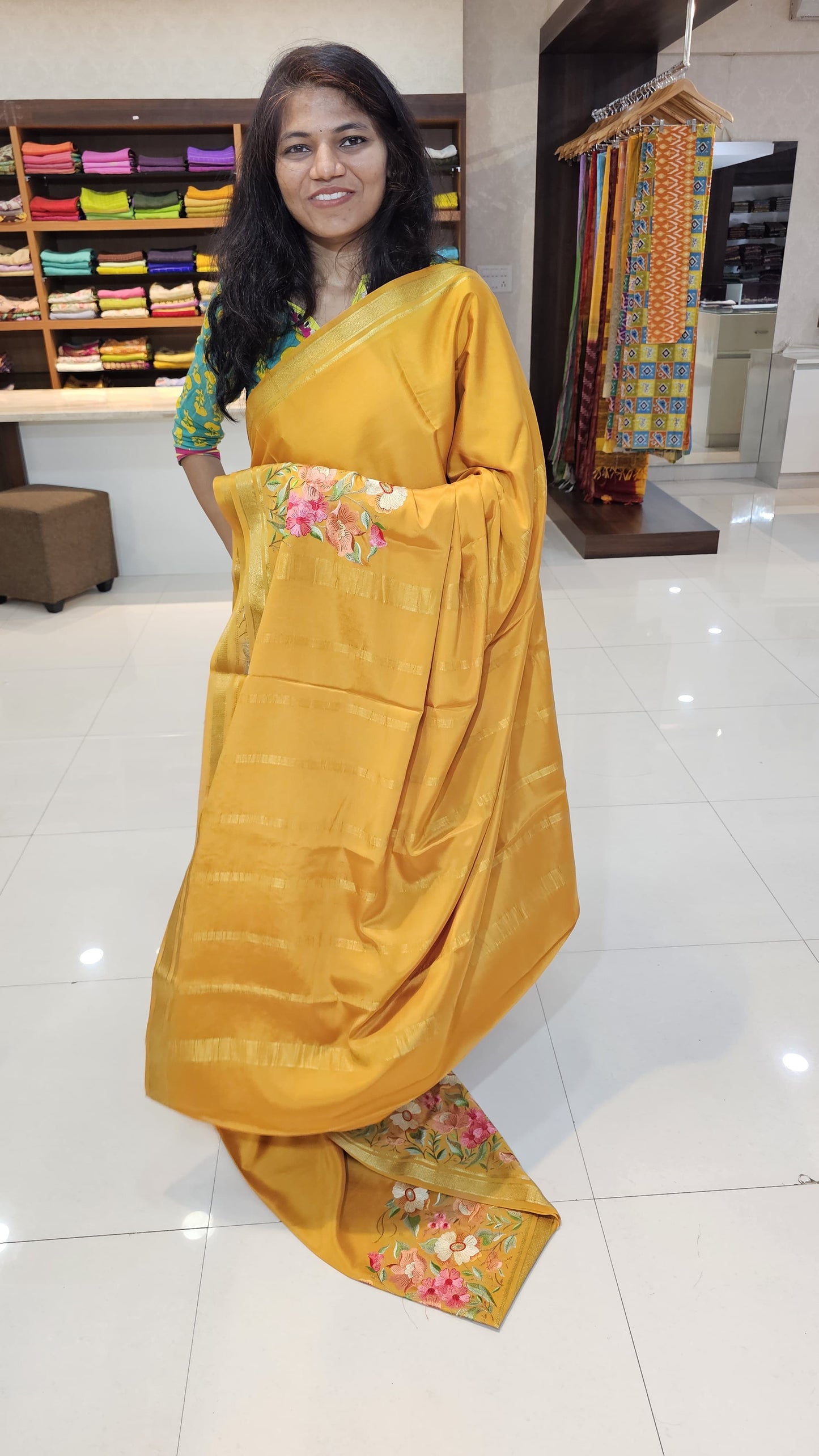 Mysore crepe silk saree with KSIC Finish in mango yellow self in embroidery pattern