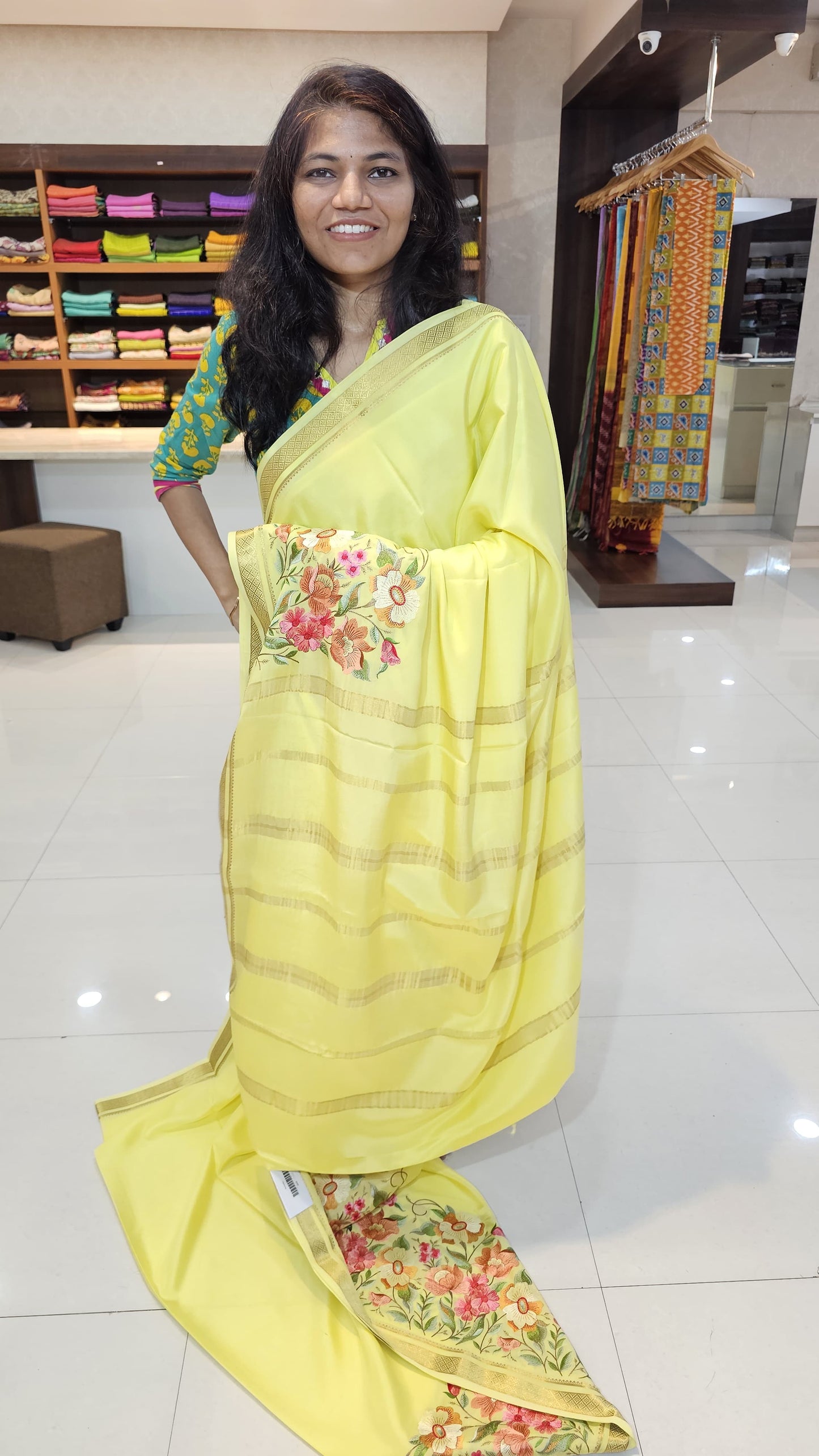 Mysore crepe silk saree with KSIC Finish in lemon yellow self in embroiderylemon pattern