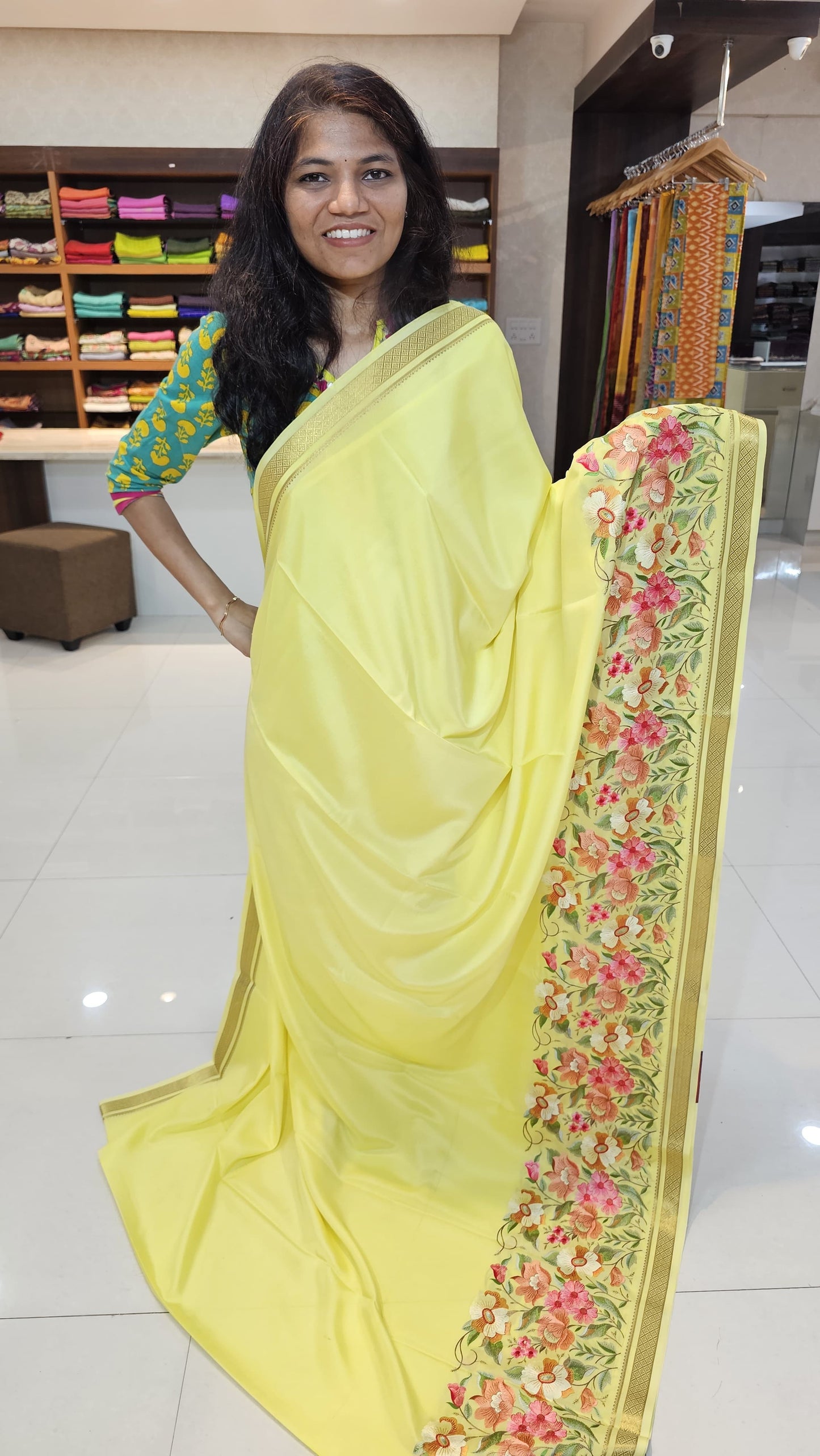 Mysore crepe silk saree with KSIC Finish in lemon yellow self in embroiderylemon pattern