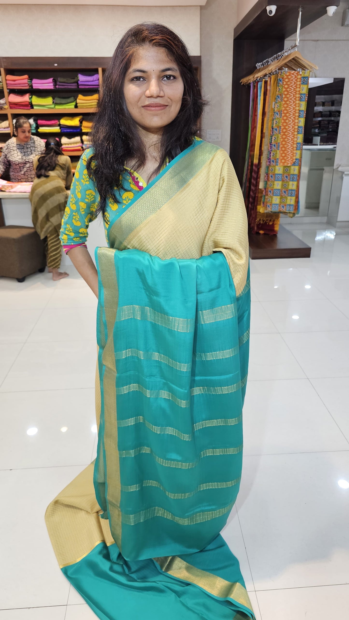 Mysore crepe silk saree with KSIC Finish in rama green bige half and half checks pattern