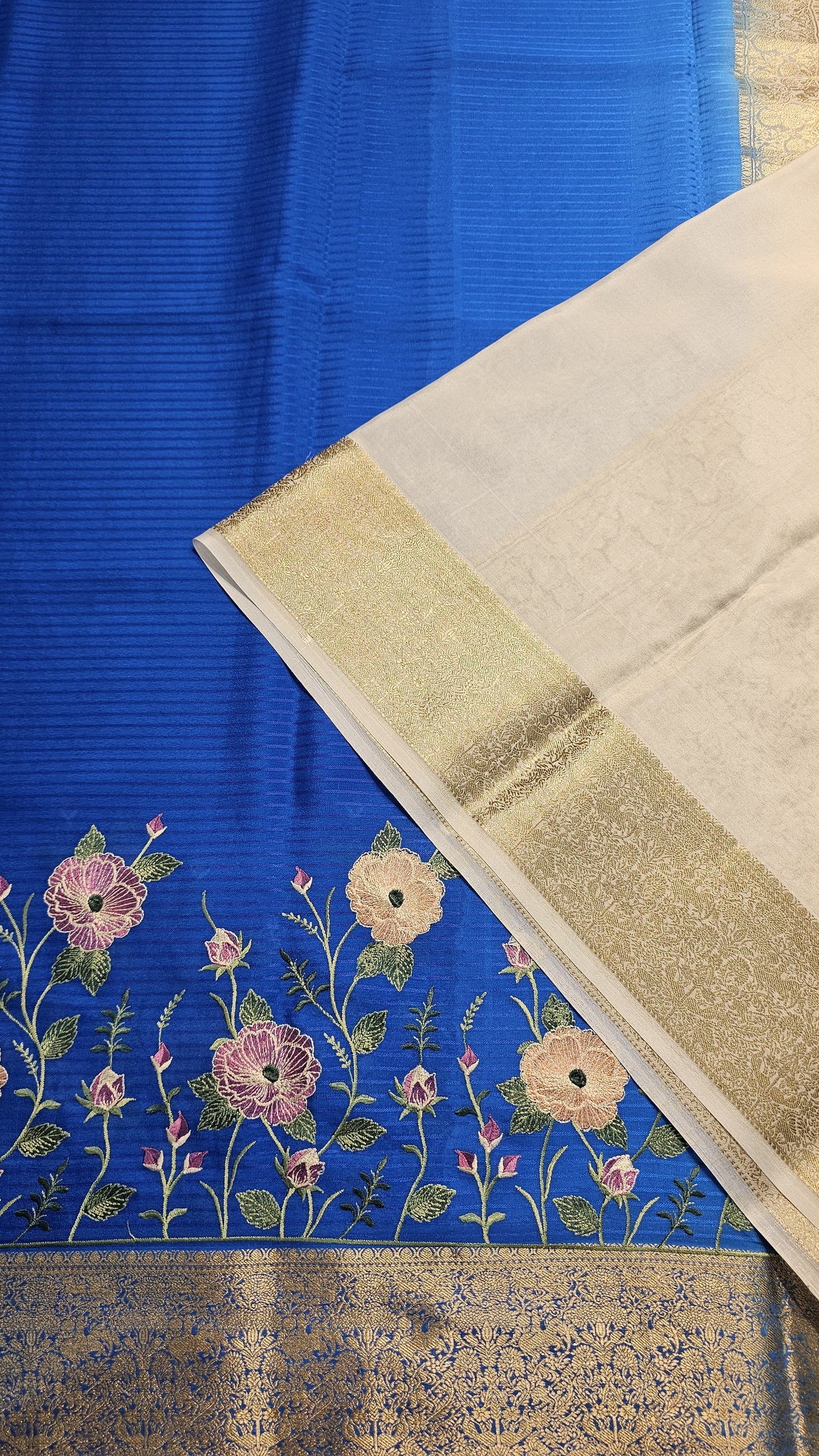 Mysore crepe silk saree with KSIC Finish in royal blue with half white in embroidery pattern