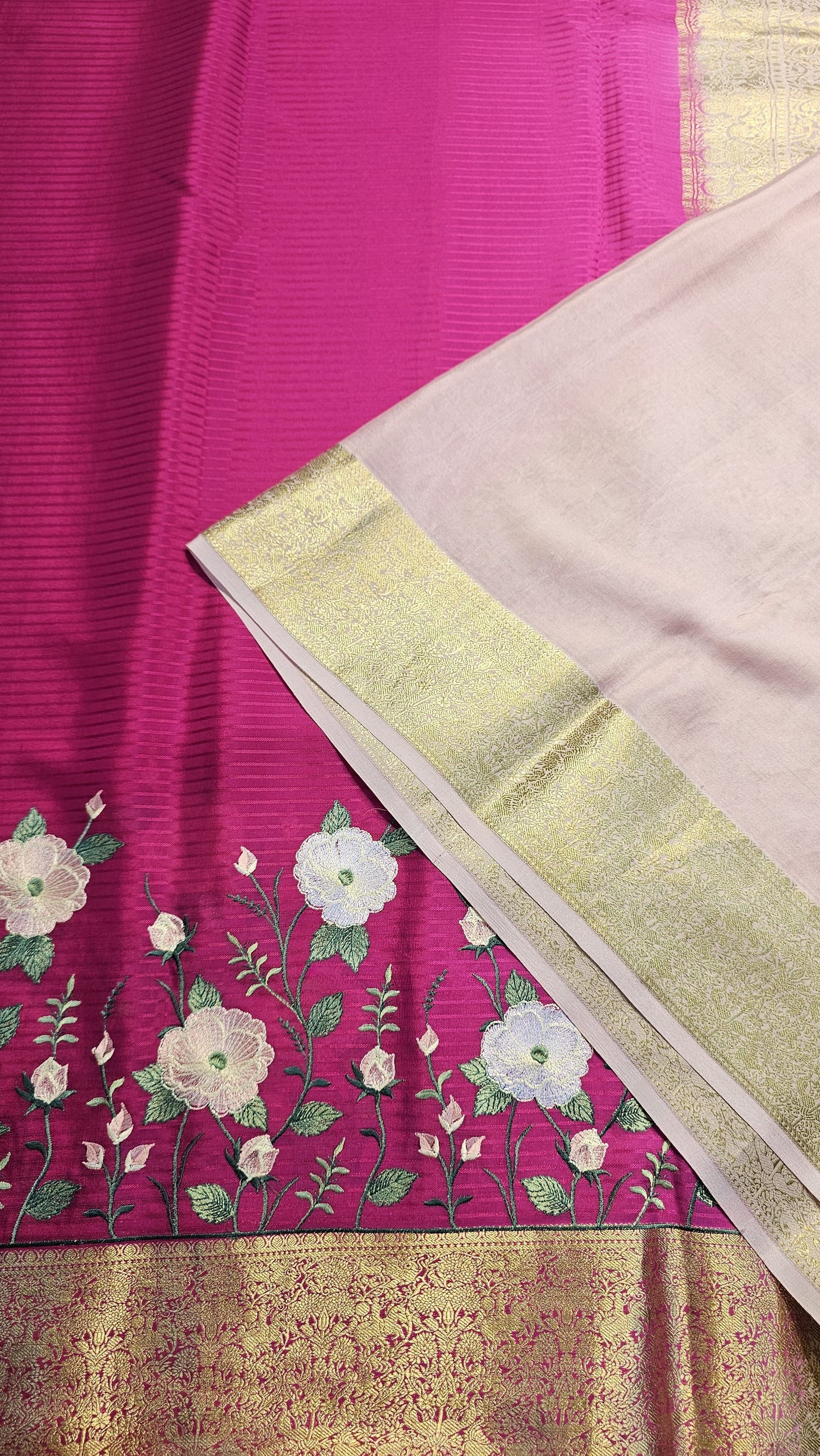 Mysore crepe silk saree with KSIC Finish in rani pink with light baby pink in embroidery pattern
