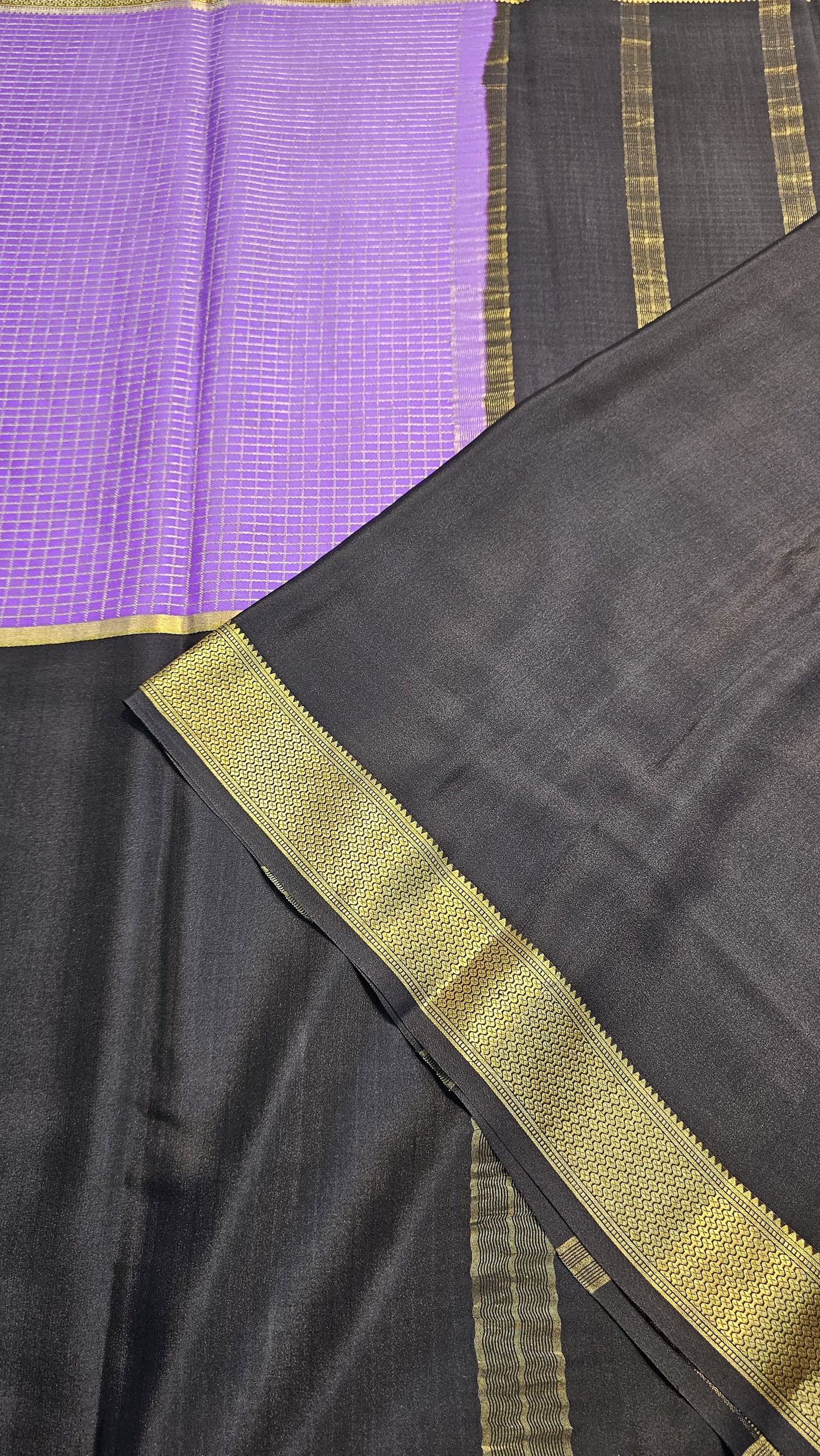 Mysore crepe silk saree with KSIC Finish in purple with black in half and half checks pattern