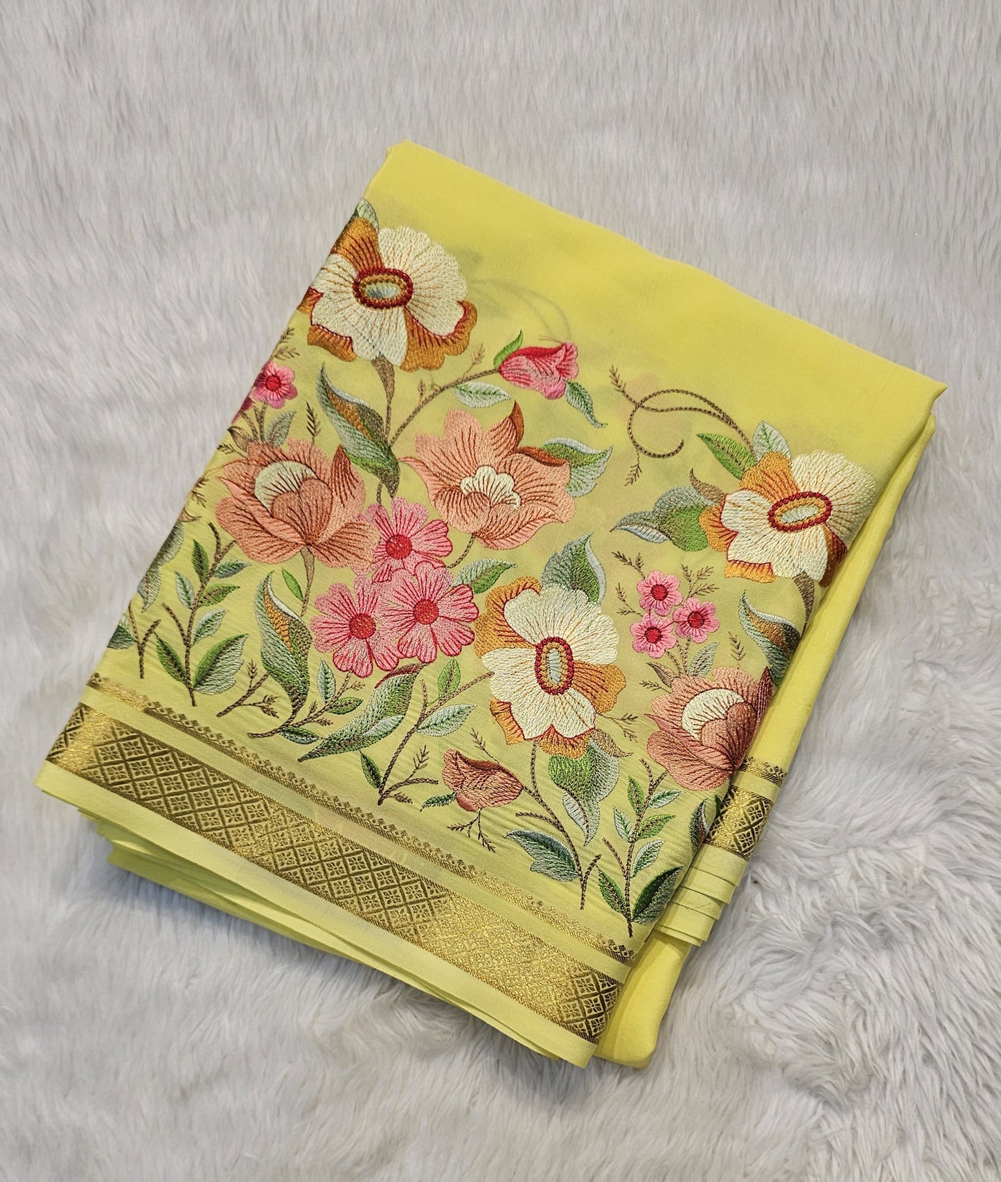 Mysore crepe silk saree with KSIC Finish in lemon yellow self in embroiderylemon pattern