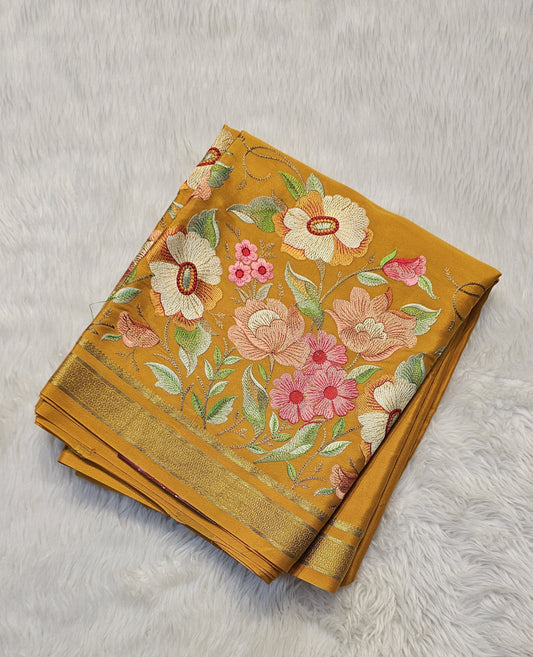 Mysore crepe silk saree with KSIC Finish in mango yellow self in embroidery pattern