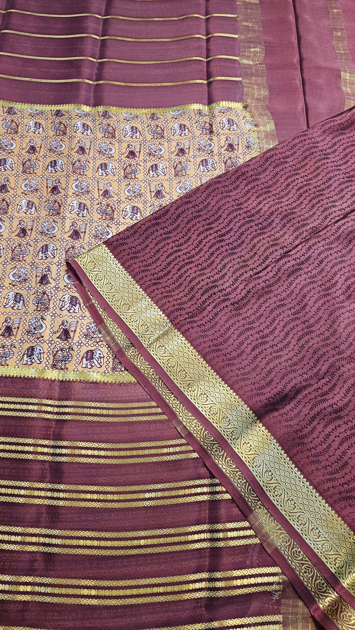 Mysore crepe silk saree with KSIC Finish in peach with wine in kalamkari pattern